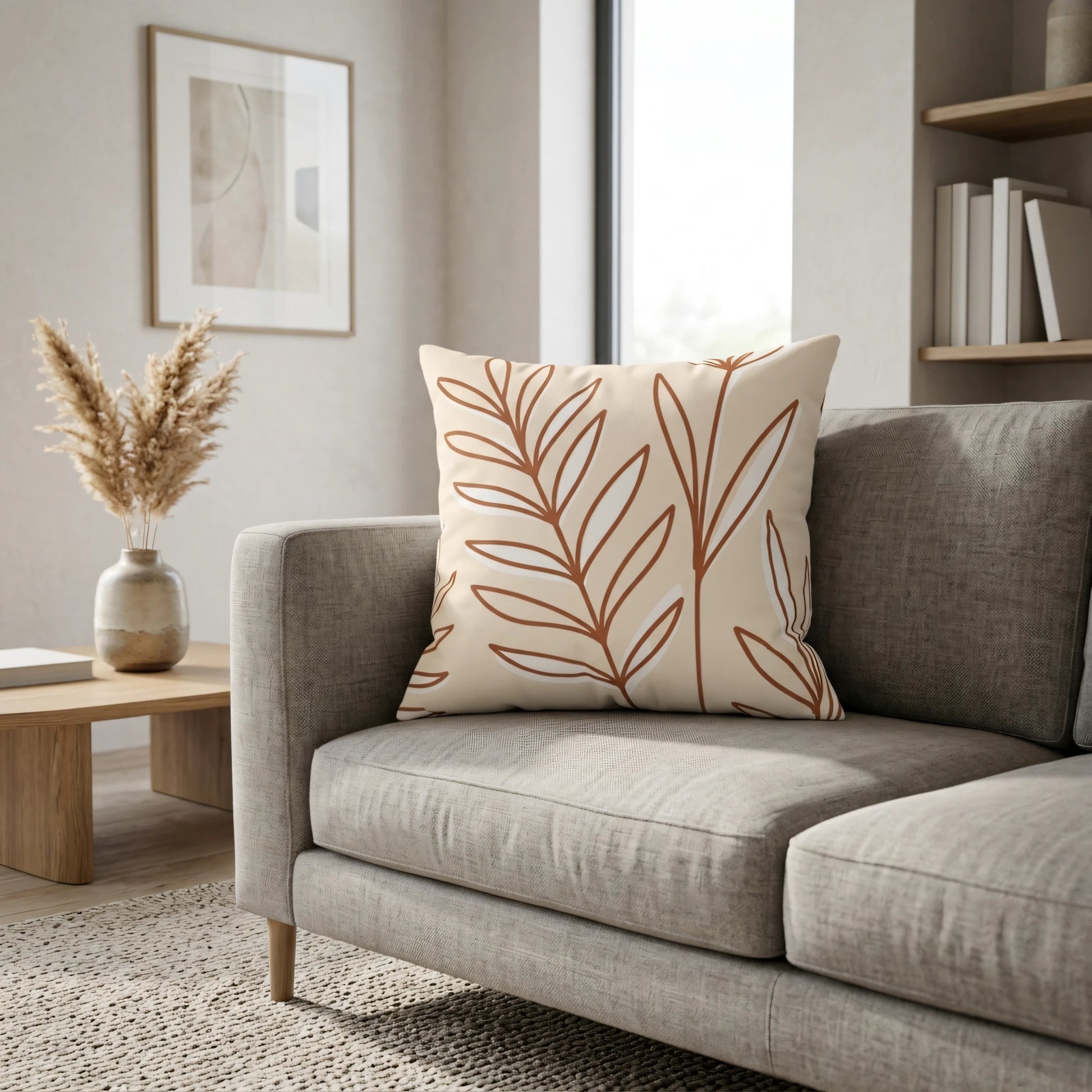 Cream throw pillow with terracotta leaf pattern on a grey sofa in a modern living room lifestyle scene with minimalist home decor.