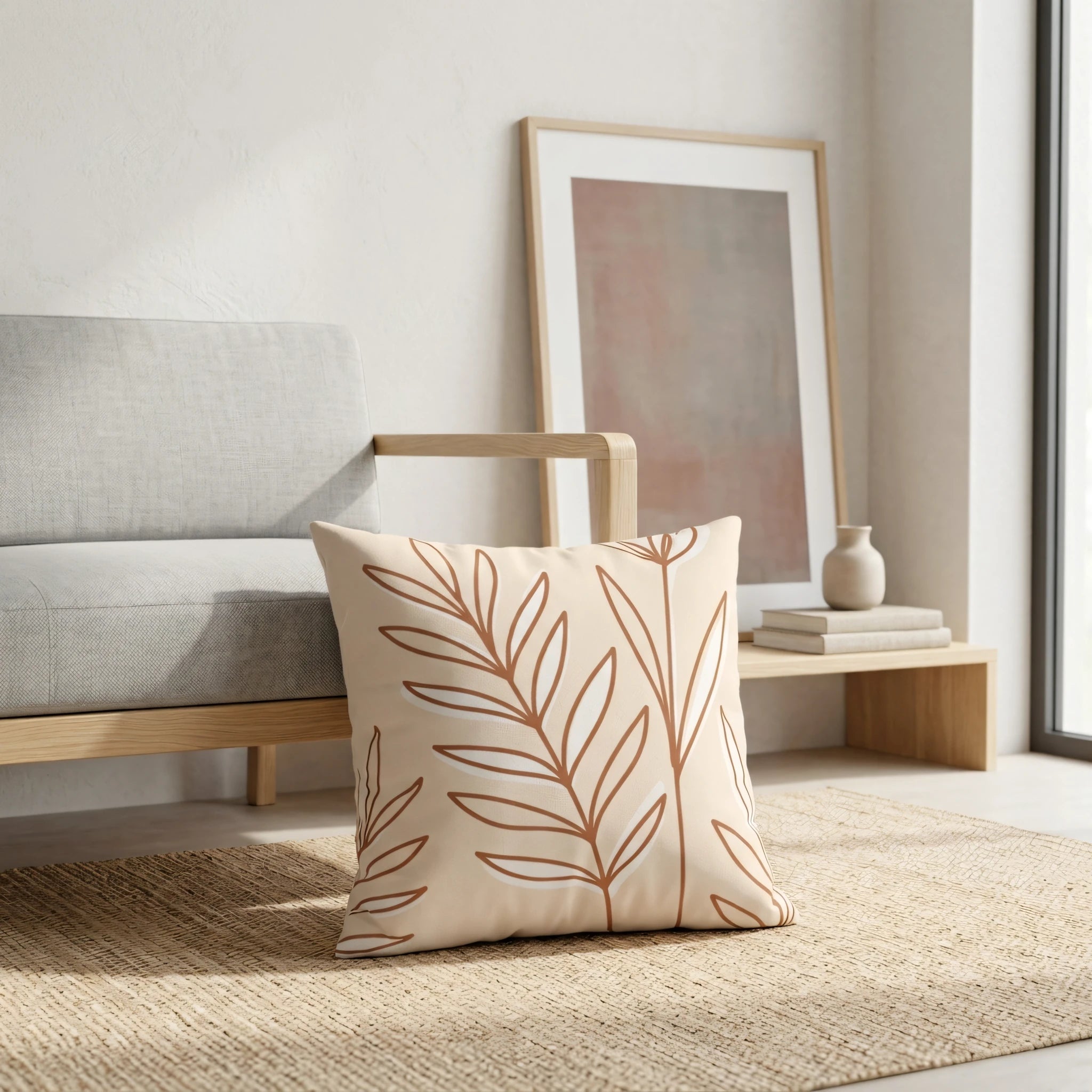 Beige botanical leaf print cushion in a minimalist interior setting with a gray sofa, light wood bench, and a textured woven rug.
