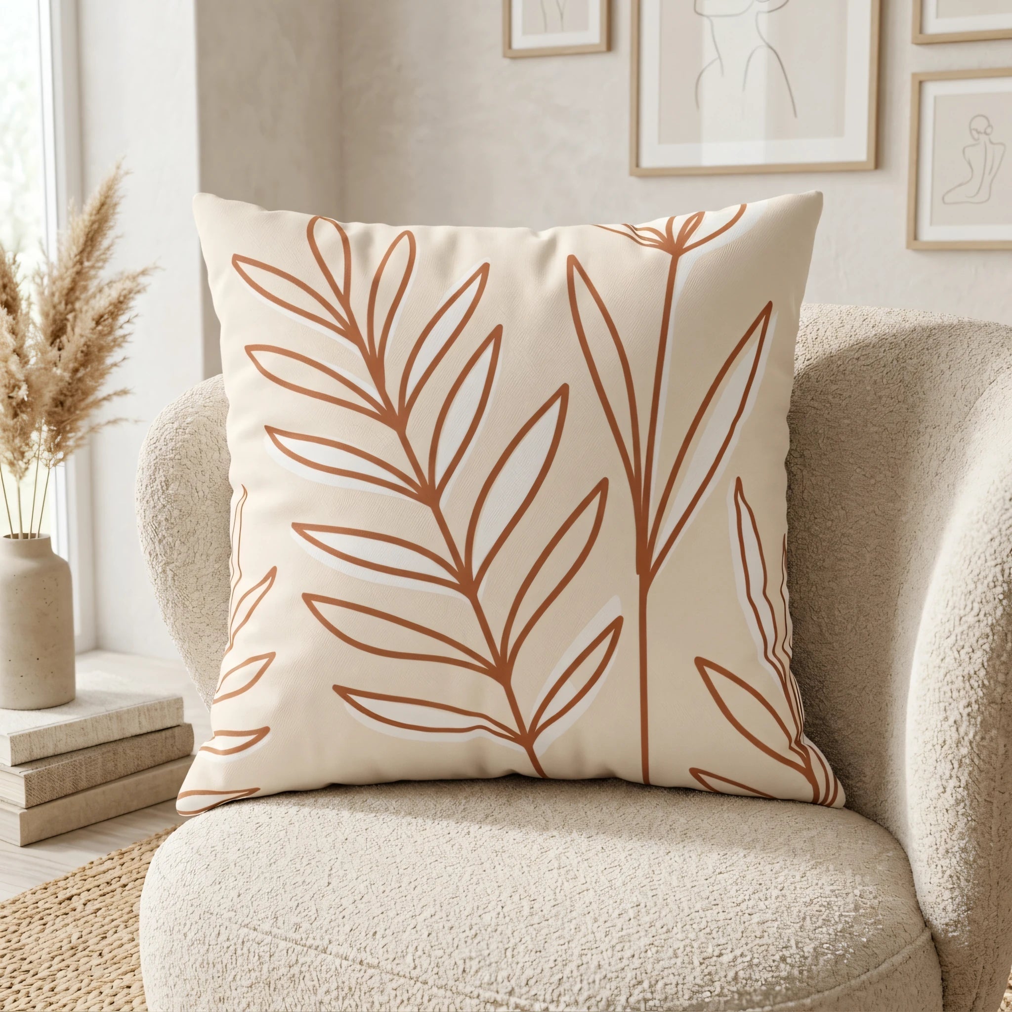 Decorative botanical leaf pattern pillow in terracotta and cream, styled on a modern bouclé armchair in a minimalist living room.