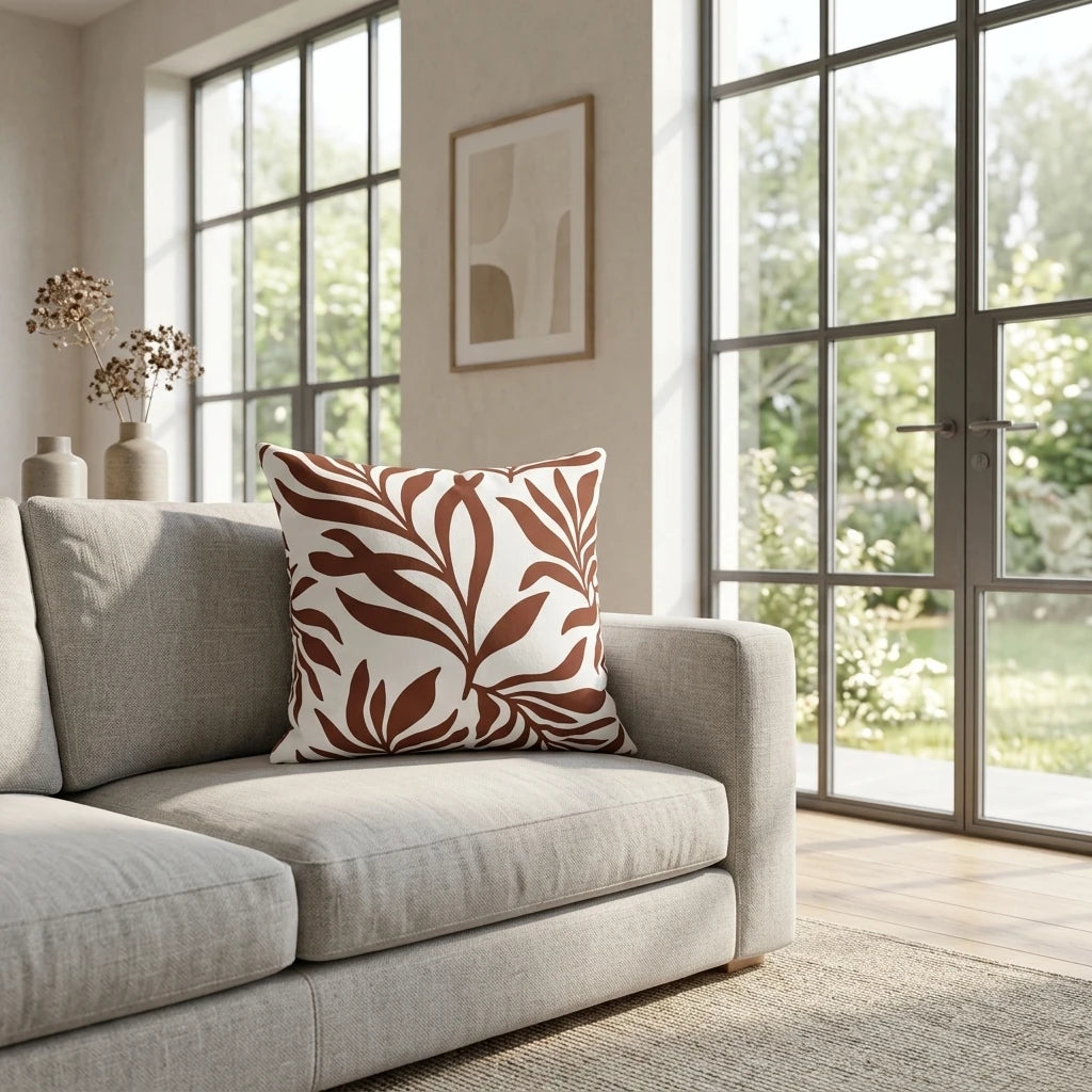 Rust brown leaf pattern throw pillow on a beige sofa in a bright, modern living room with large windows and garden views.