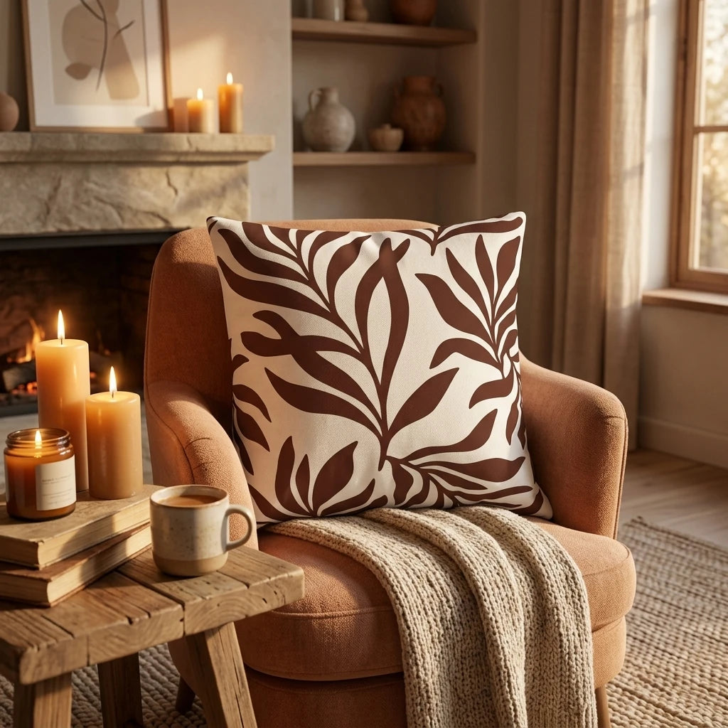 Cozy throw pillow with a brown leaf pattern on a terracotta armchair in a warm living room featuring lit candles and a rustic fireplace.