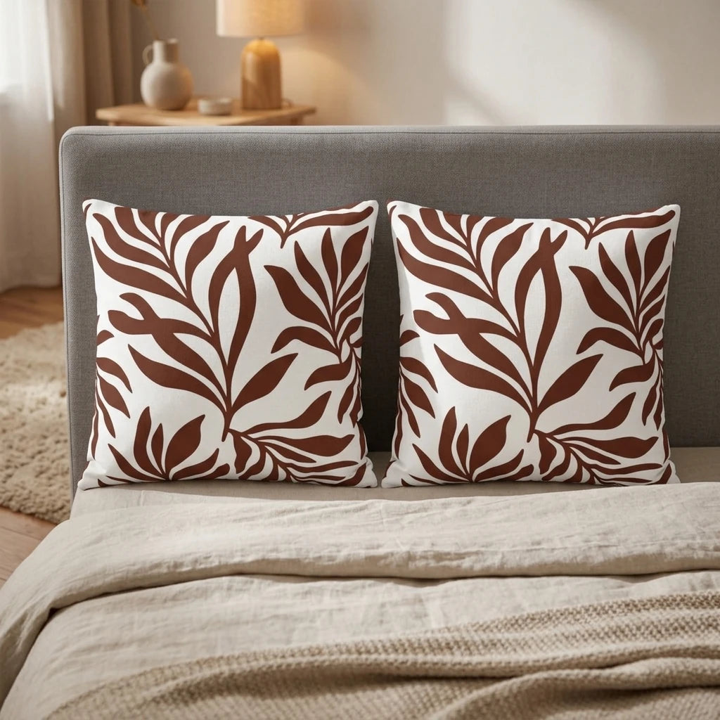 A pair of white decorative pillows featuring a brown leaf pattern, styled on a bed with a grey headboard and cozy neutral linens.