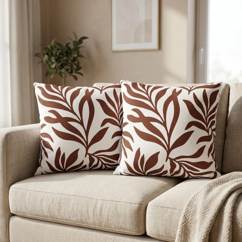 Pair of cushions featuring terracotta brown leaf patterns on a cream background, styled on a beige sofa in a bright, modern living room.