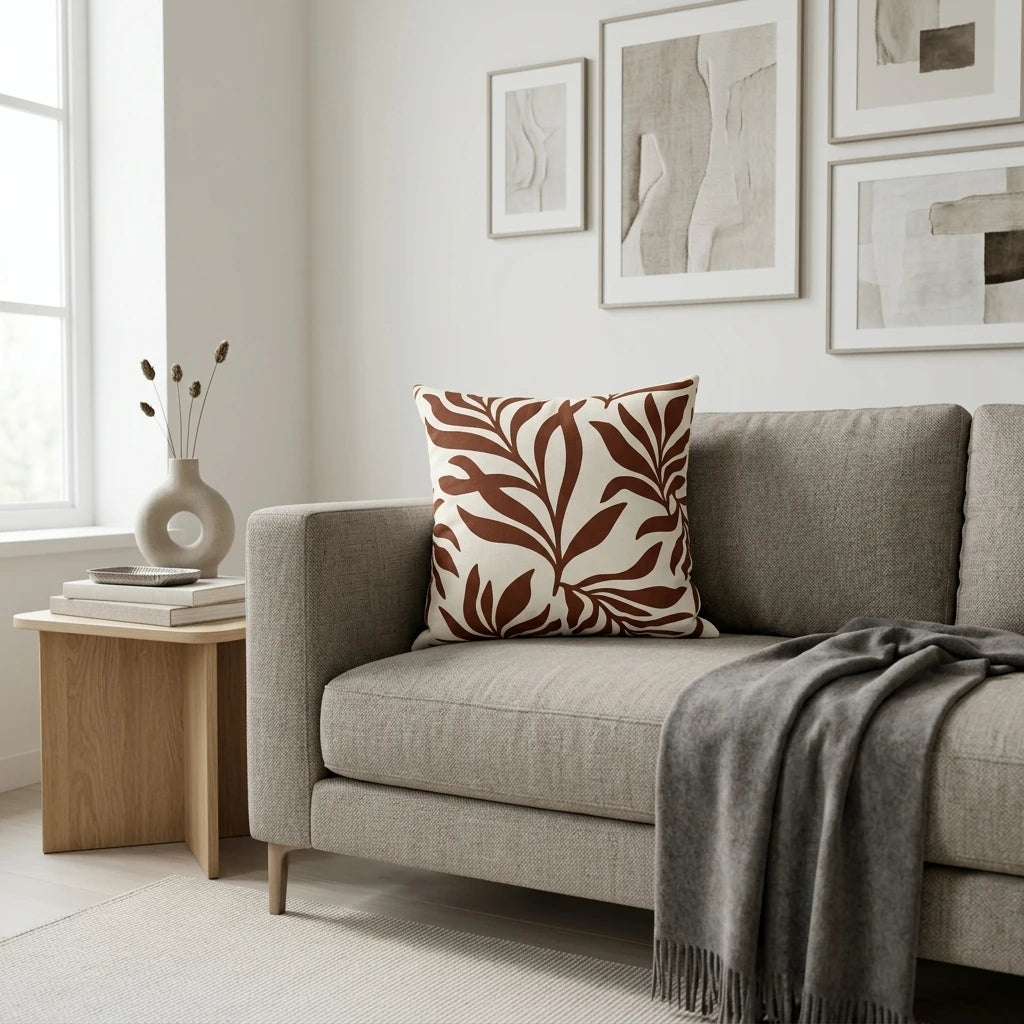 Brown botanical leaf print throw pillow on a grey couch in a modern minimalist living room with abstract wall art and a wooden side table.