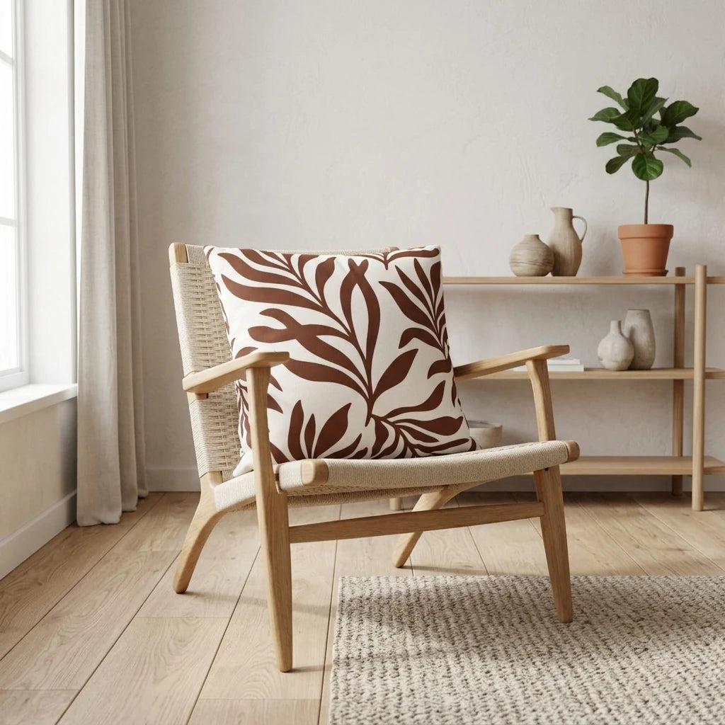 Brown organic leaf pattern cushion on a light wood chair in a minimalist room with neutral decor, wooden shelves, and a potted plant.