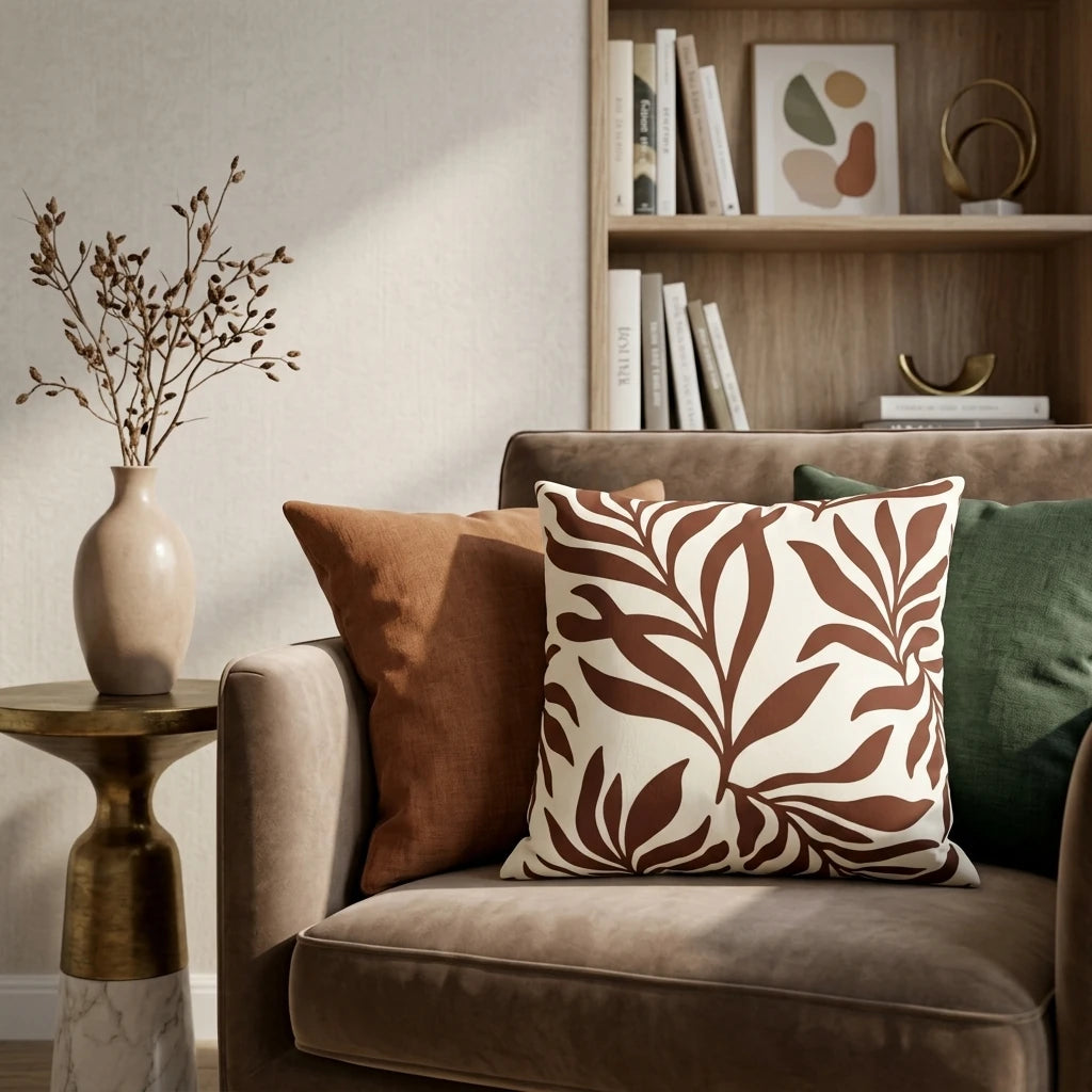 Cream and brown leaf pattern cushion on a velvet armchair in a warm lifestyle living room setting with a bookshelf and gold side table.