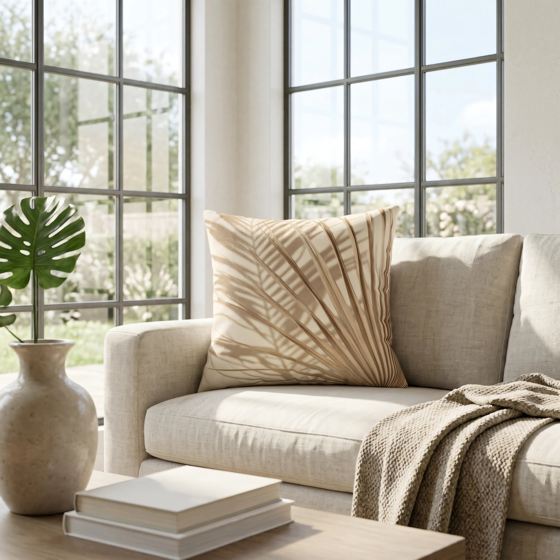 Neutral tone throw cushion featuring a sunlit palm leaf design, placed on a cream sofa in a bright, modern living room interior setting.