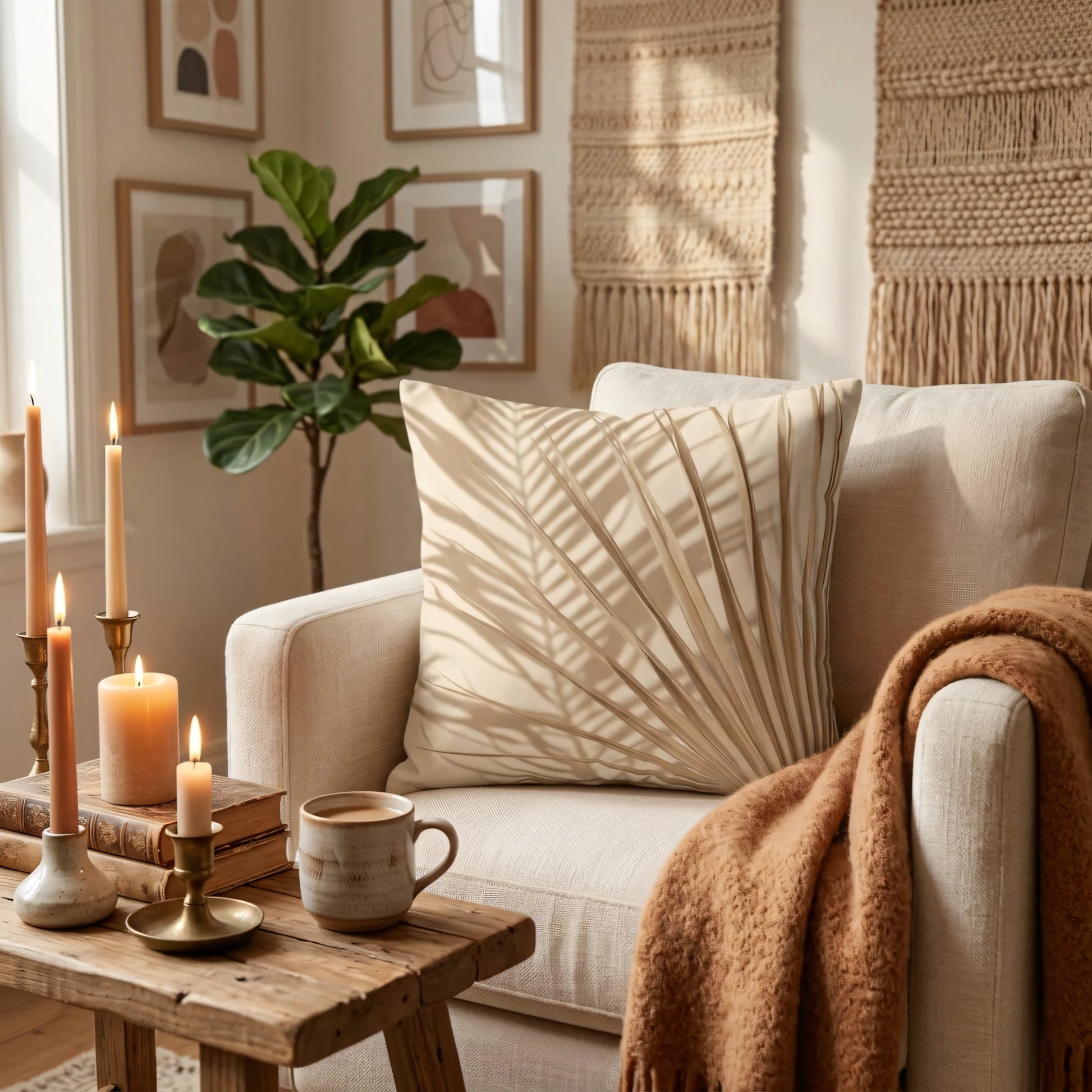 Beige palm leaf textured throw pillow on a white armchair in a cozy living room with candles, books, and a mug of coffee.
