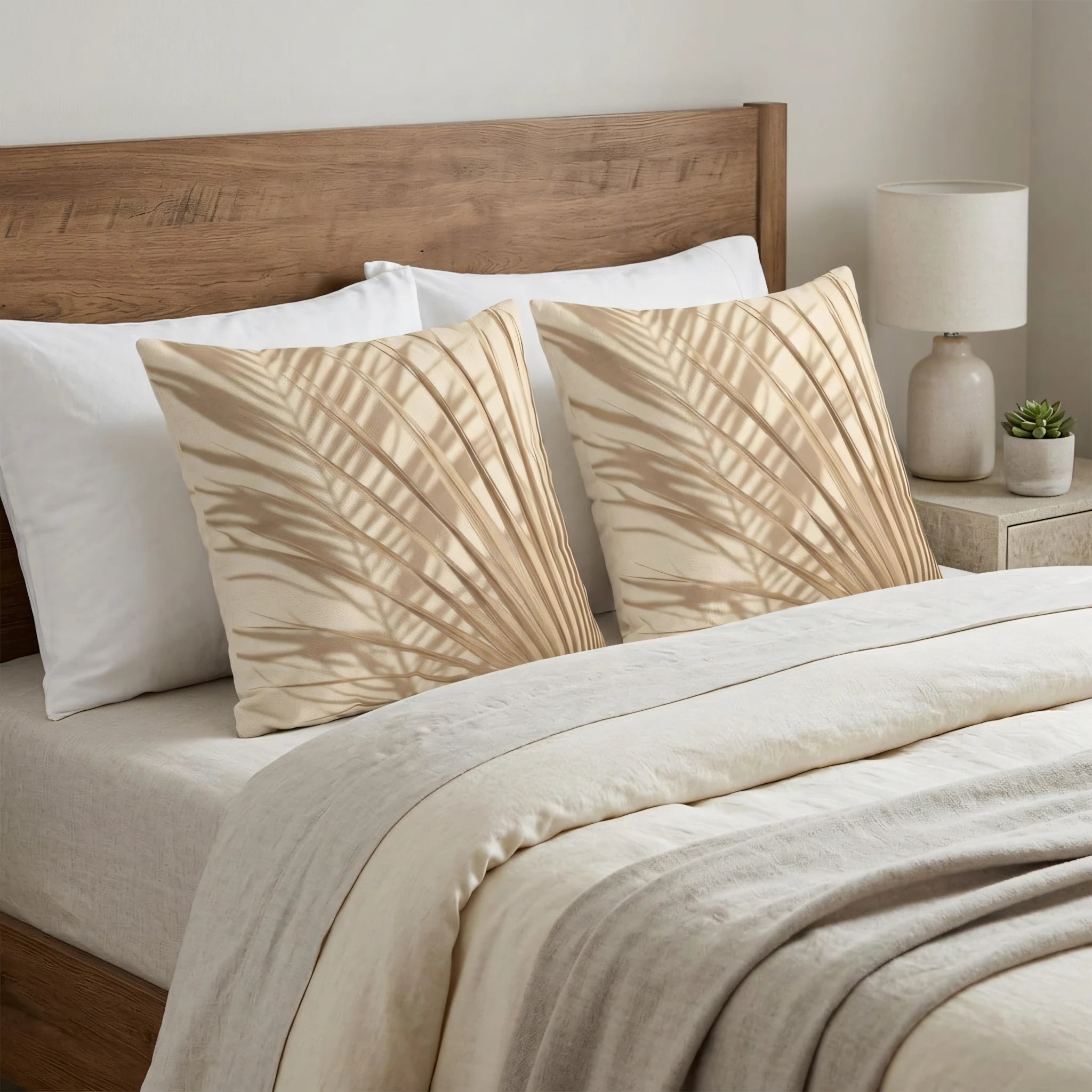 Two beige palm leaf print cushions on a bed with white linens and a wooden headboard in a bright, modern bedroom setting.