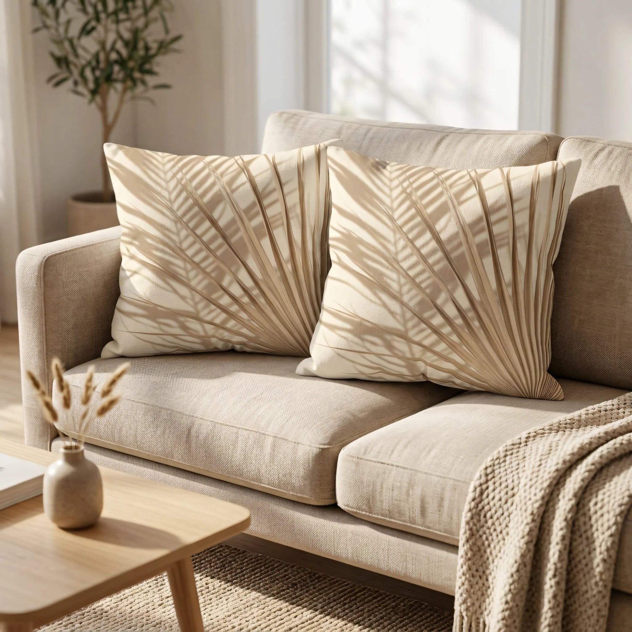 Two cream decorative pillows with palm leaf shadow patterns on a beige sofa in a sunlit, minimalist living room lifestyle setting.