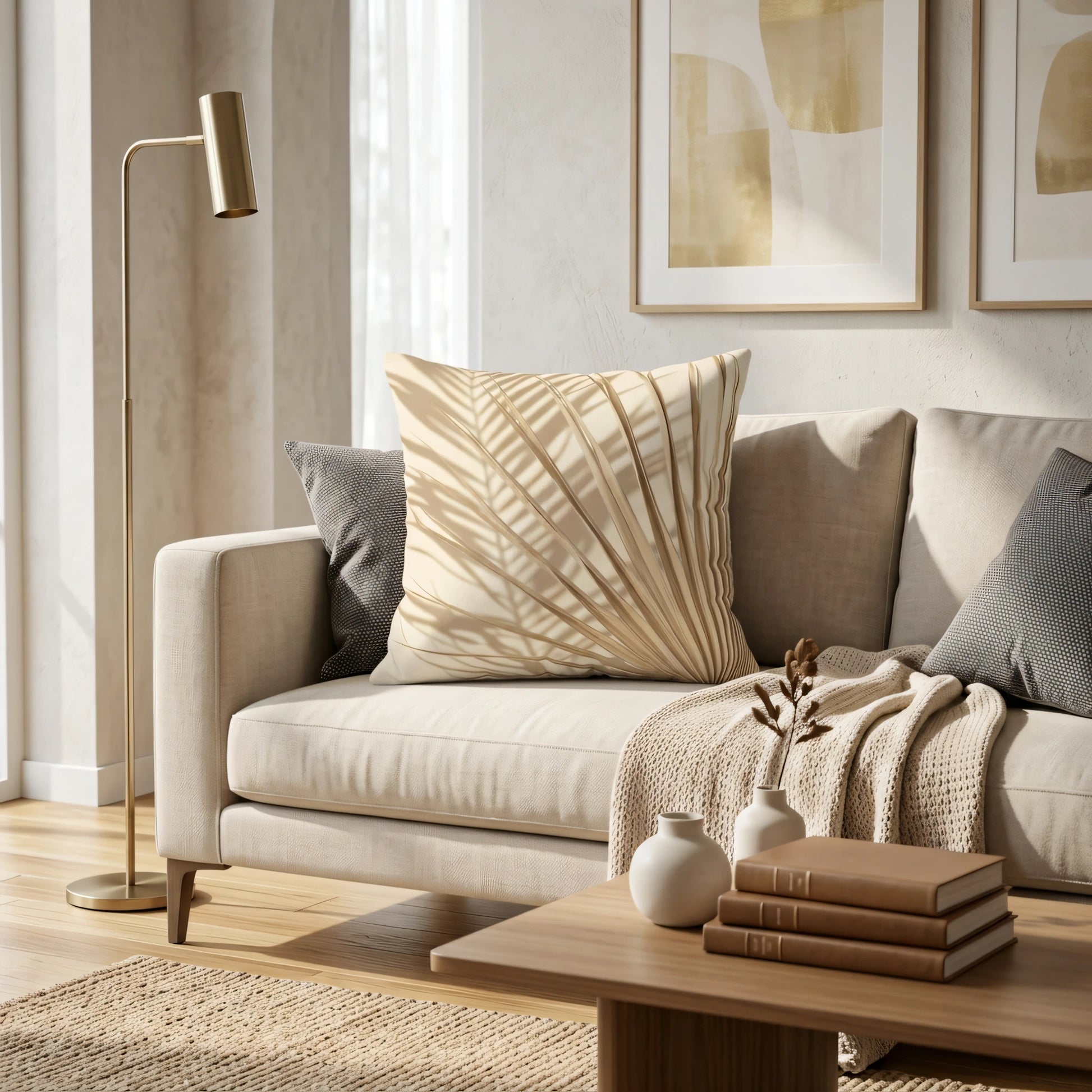 Cream pleated sunburst design cushion on a beige sofa in a modern minimalist living room lifestyle scene with gold lamp and wooden table.