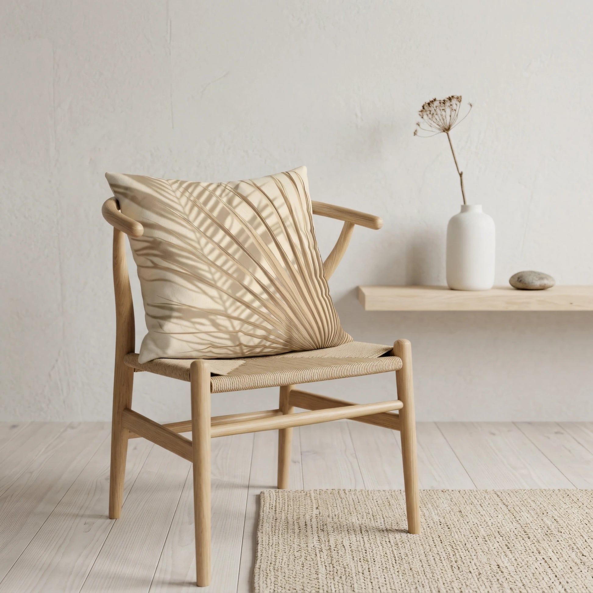 Beige cushion with a palm leaf pattern on a light wood chair in a minimalist interior with neutral tones and a woven area rug.