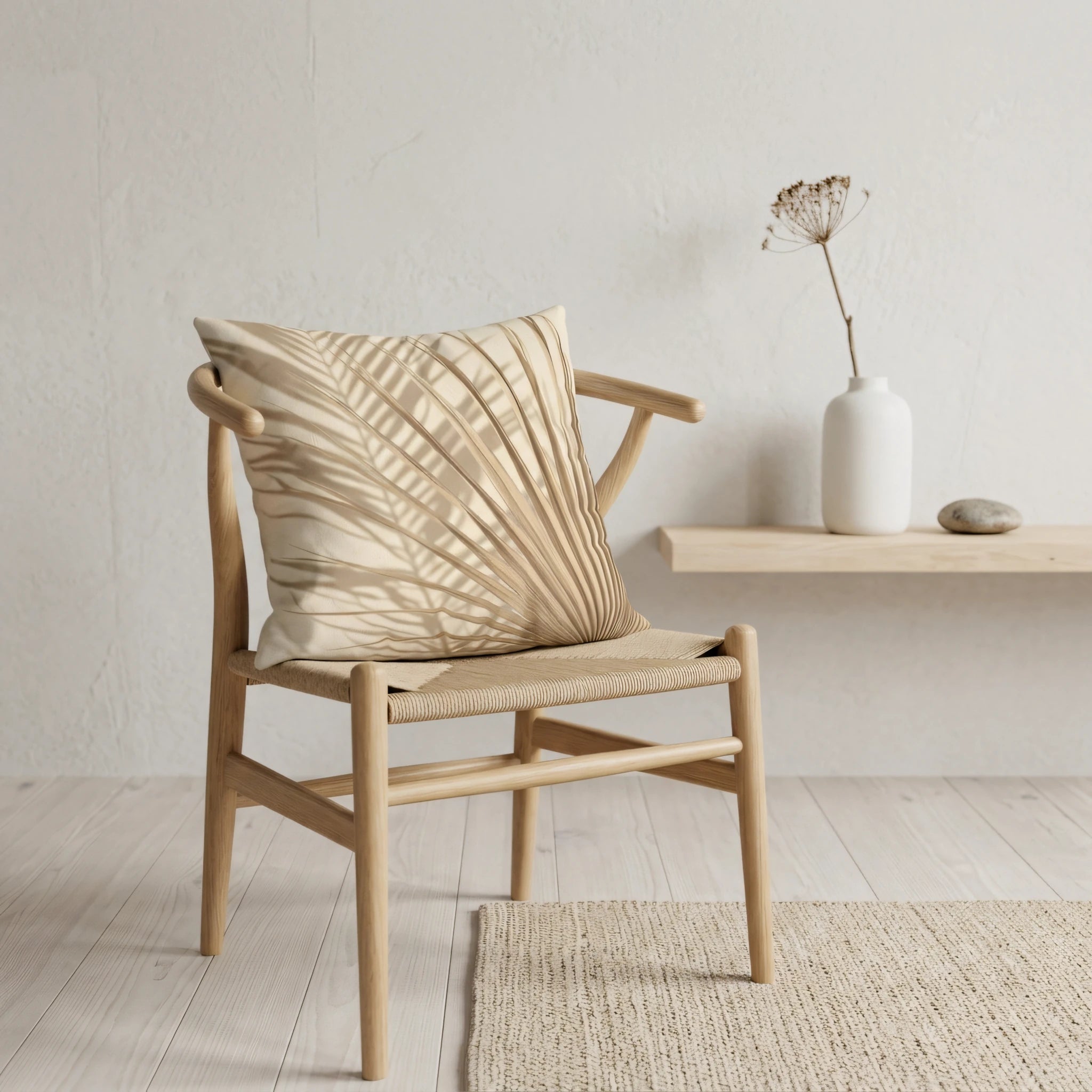 Beige cushion with a palm leaf pattern on a light wood chair in a minimalist interior with neutral tones and a woven area rug.