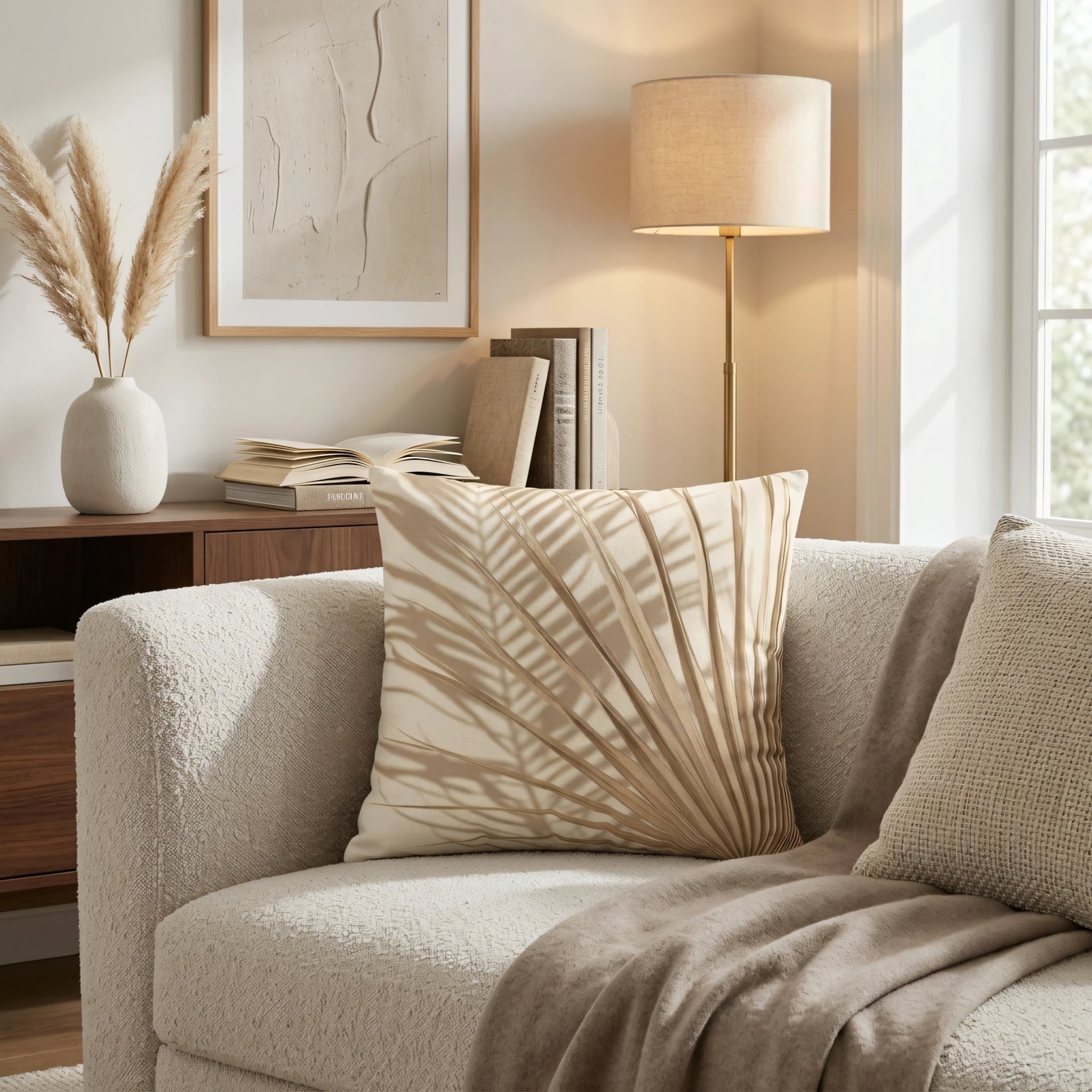 Beige fan-patterned decorative cushion on a white bouclé sofa in a cozy neutral living room with warm lamp lighting and pampas grass.