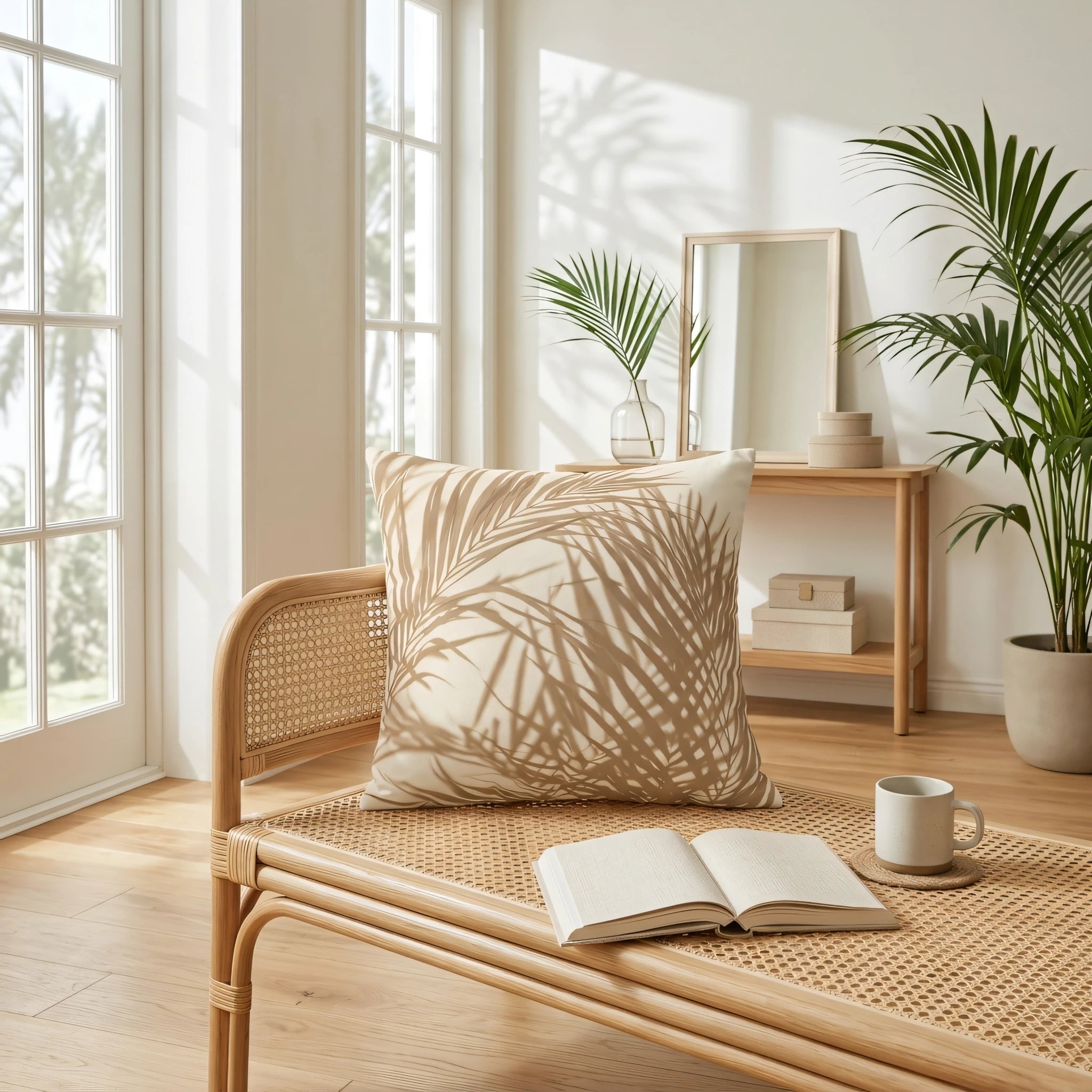 Beige palm leaf print cushion on a rattan bench in a bright, sunlit minimalist room with a tropical plant and natural wood decor.