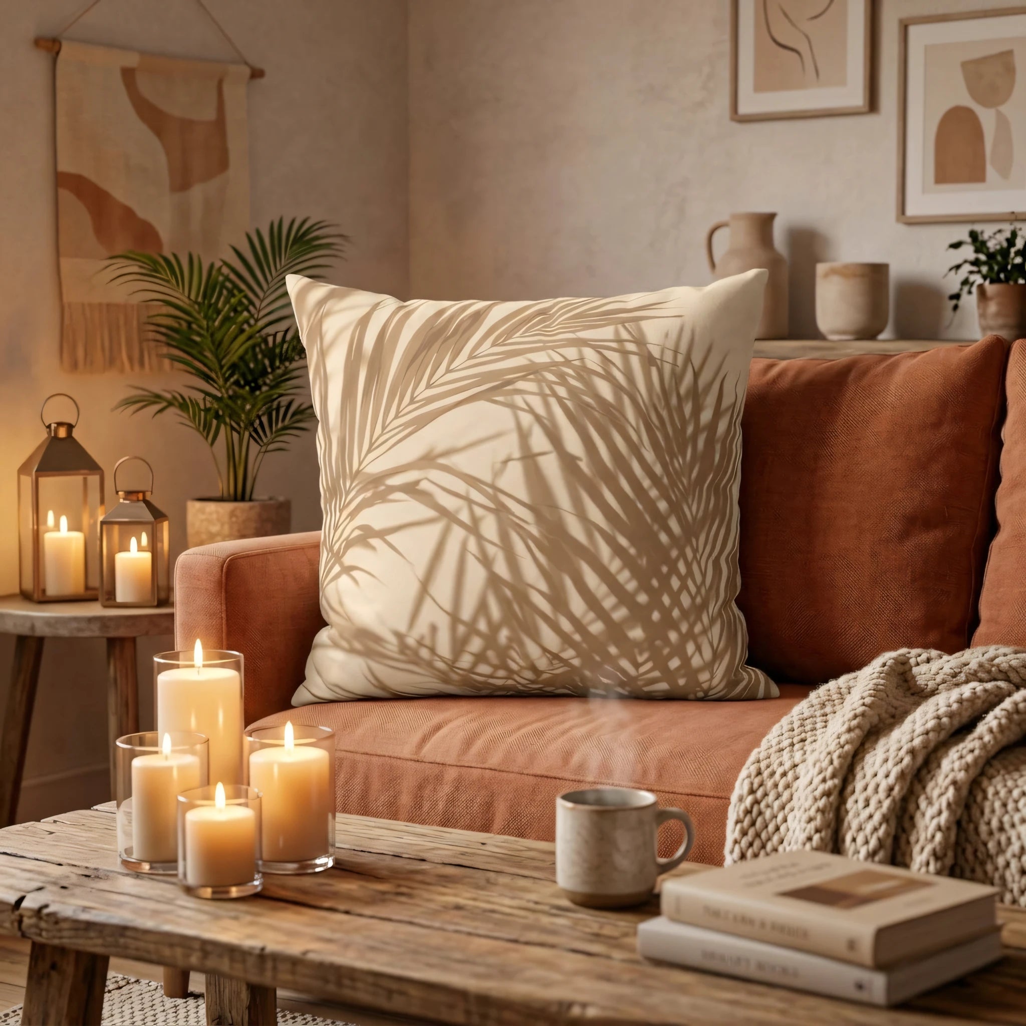 Cream cushion with a tan palm leaf pattern on a rust sofa. Cozy living room decor featuring lit candles, a knit throw, and a wooden table.