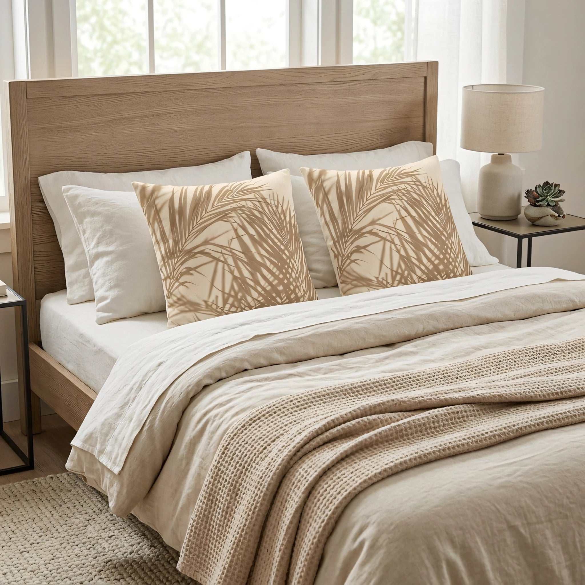 Two beige decorative pillows with a tan palm leaf pattern on a light wooden bed with neutral linen bedding in a bright bedroom lifestyle setting.