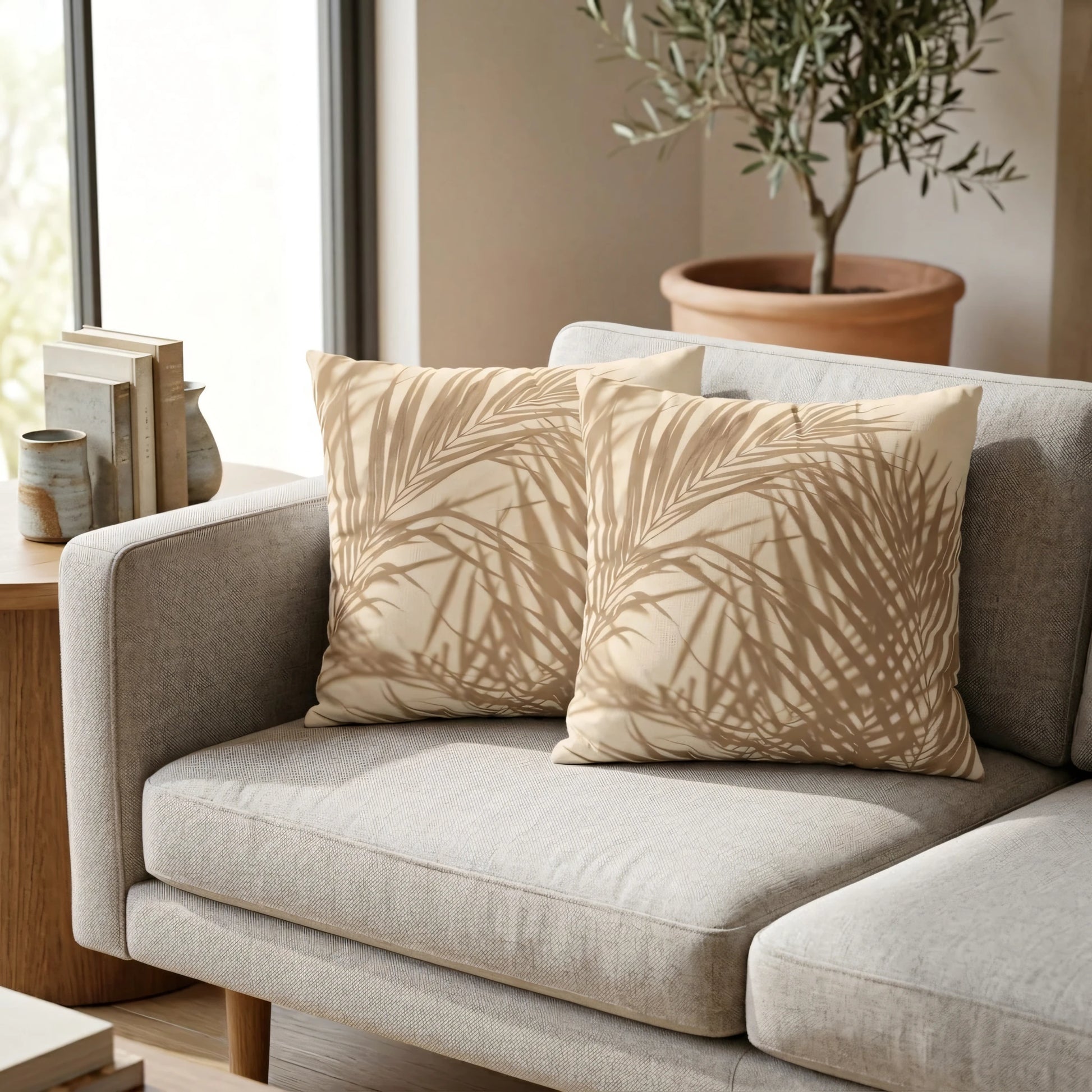 Two beige throw pillows with palm leaf patterns on a grey sofa in a sunlit modern living room with a potted olive tree.