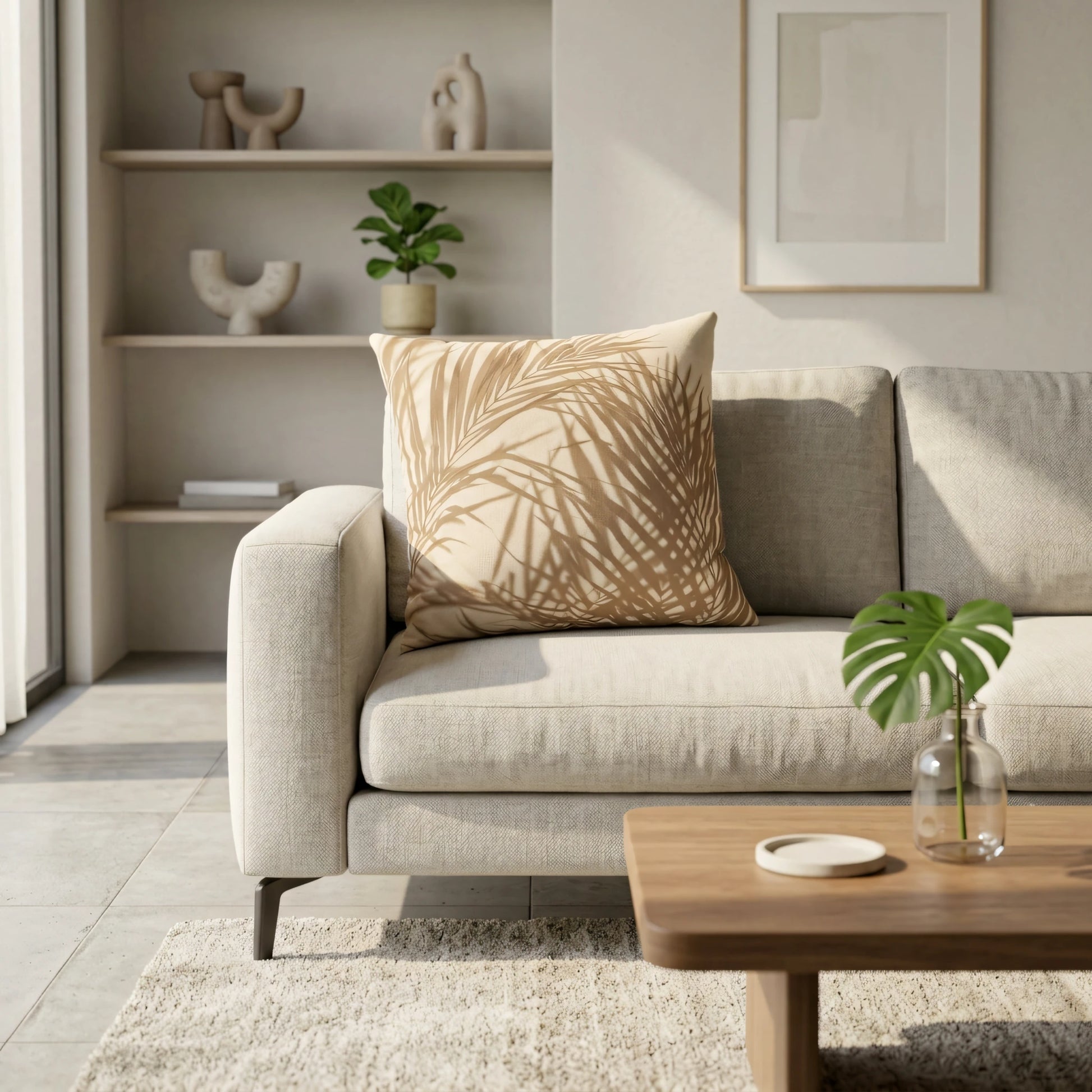 Modern beige cushion with a brown palm leaf design on a neutral sofa in a bright minimalist living room with wooden accents and plants.