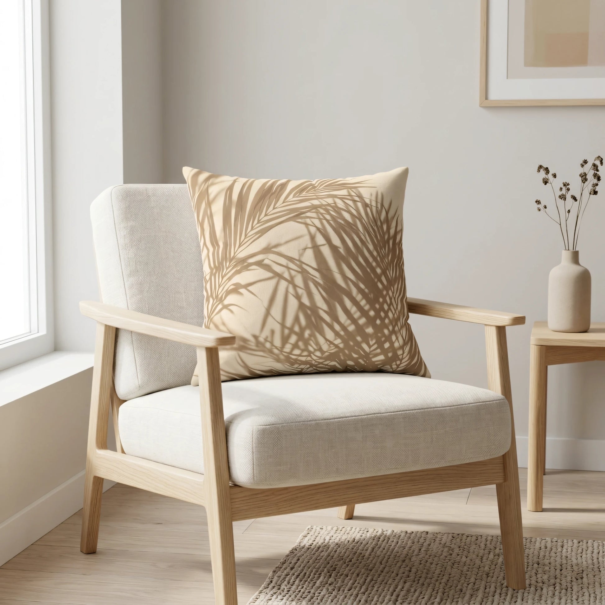 Beige throw pillow with a palm leaf shadow print on a minimalist wooden armchair in a sunlit neutral living room setting.