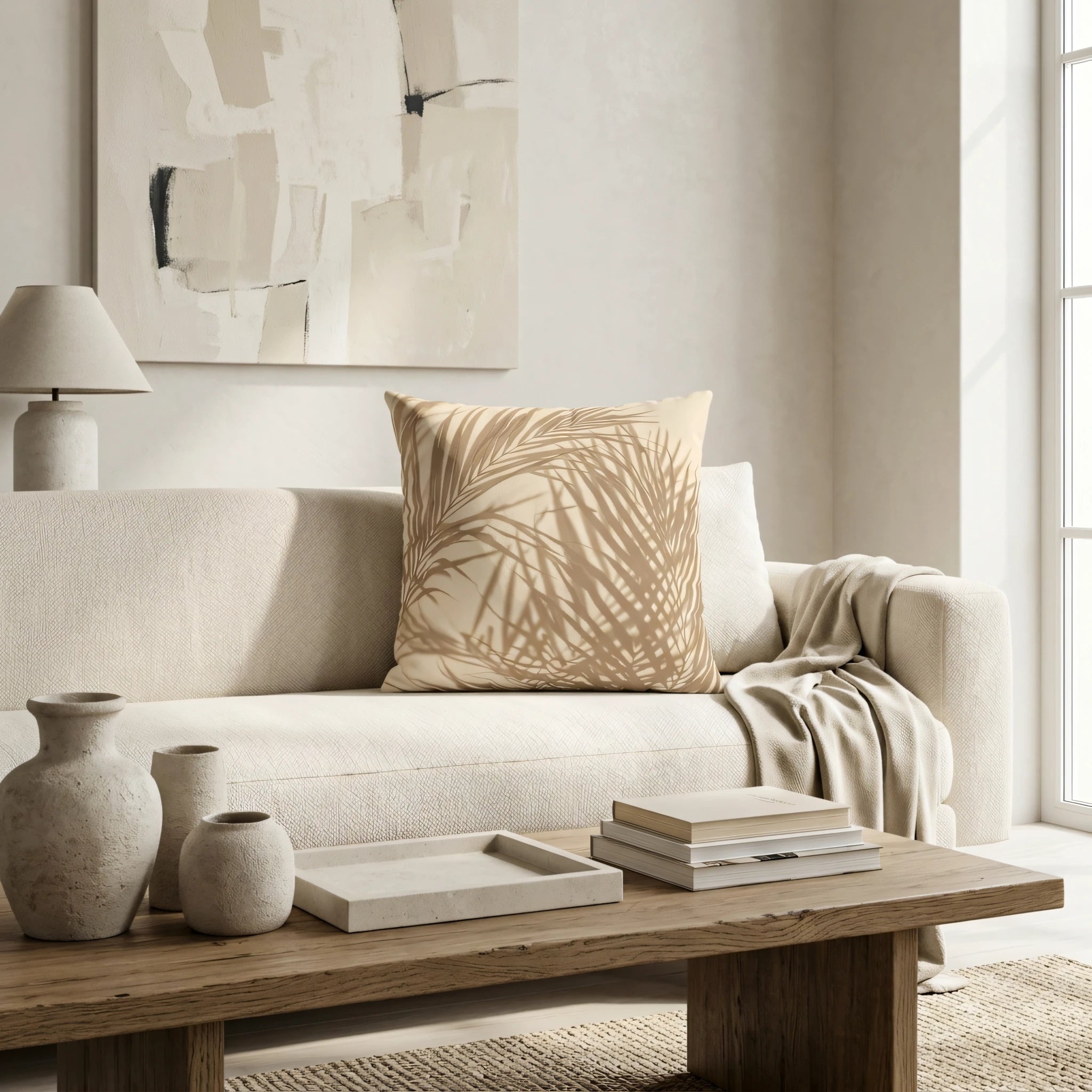Beige throw pillow with a brown palm leaf pattern on a cream sofa in a minimalist living room with wood coffee table and neutral accents.