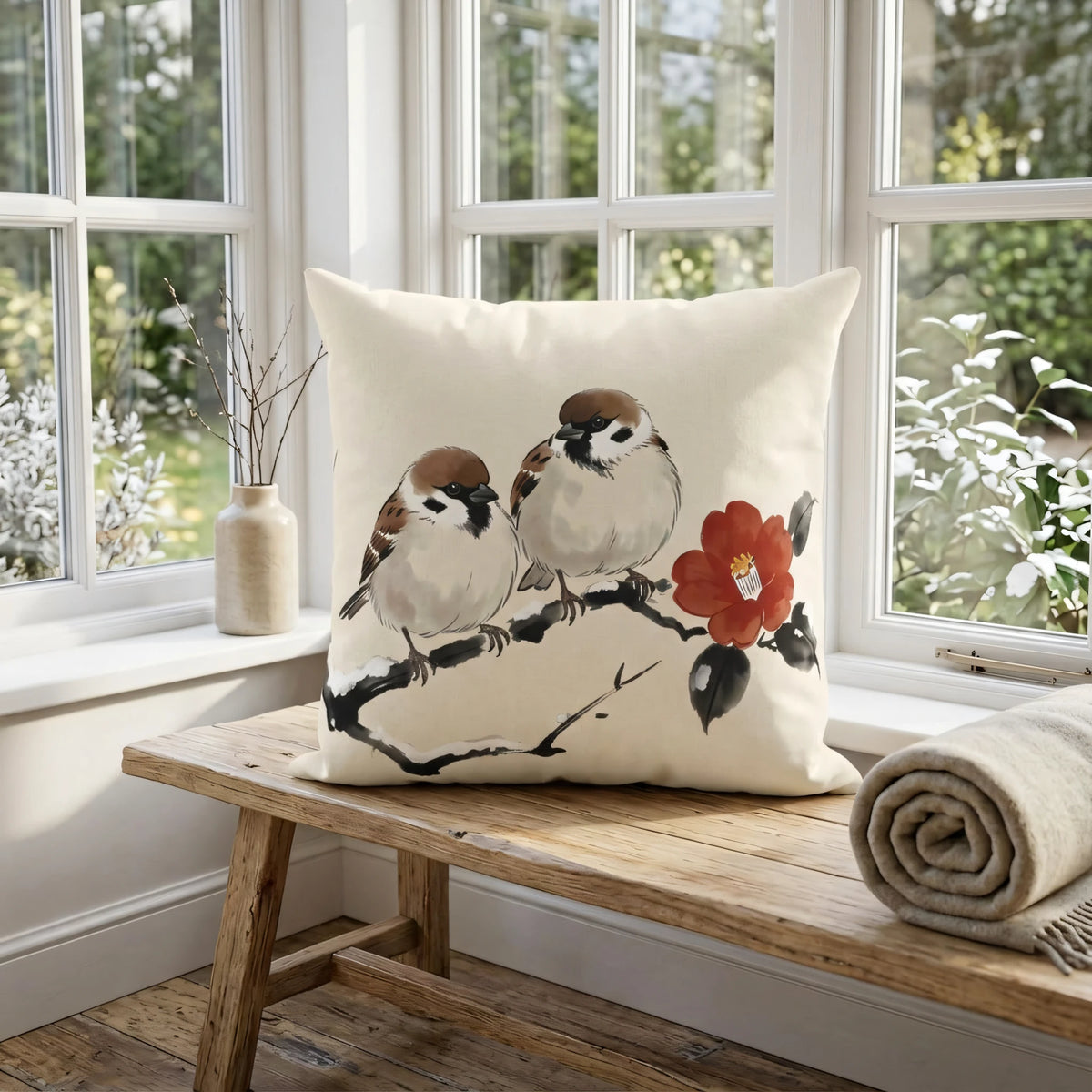 Winter Camellia Birds Cushion Cover Cream, lifestyle view.