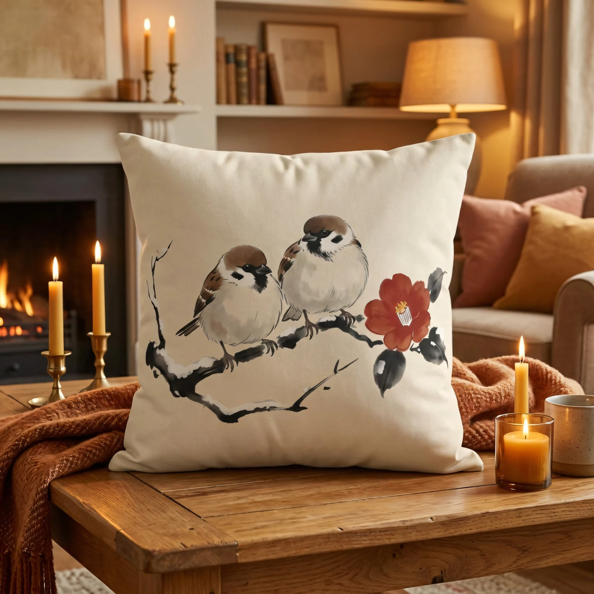 Winter Camellia Birds Cushion Cover Cream, lifestyle view.