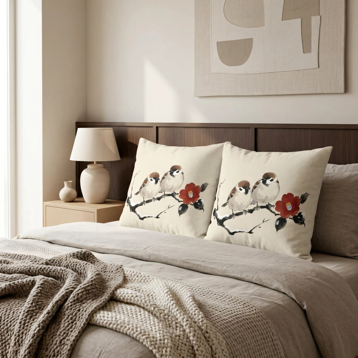 Winter Camellia Birds Cushion Cover Cream, lifestyle view.