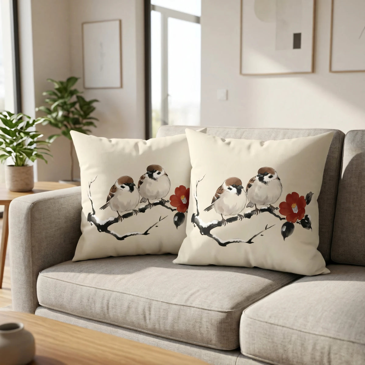 Winter Camellia Birds Cushion Cover Cream, lifestyle view.