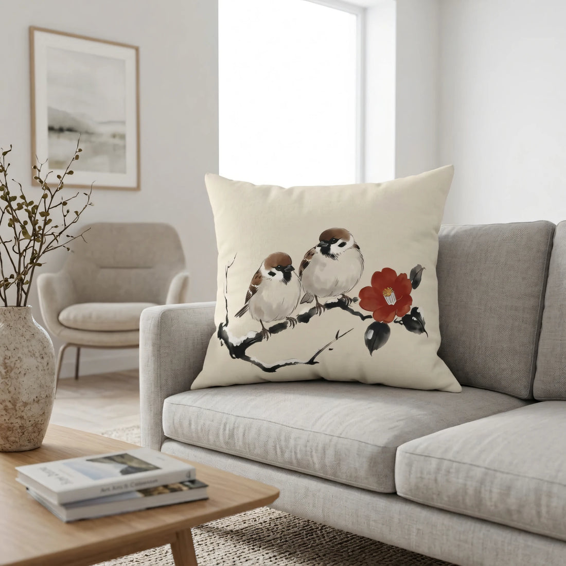 Front view of Winter Camellia Birds Cushion Cover Cream on a white background.