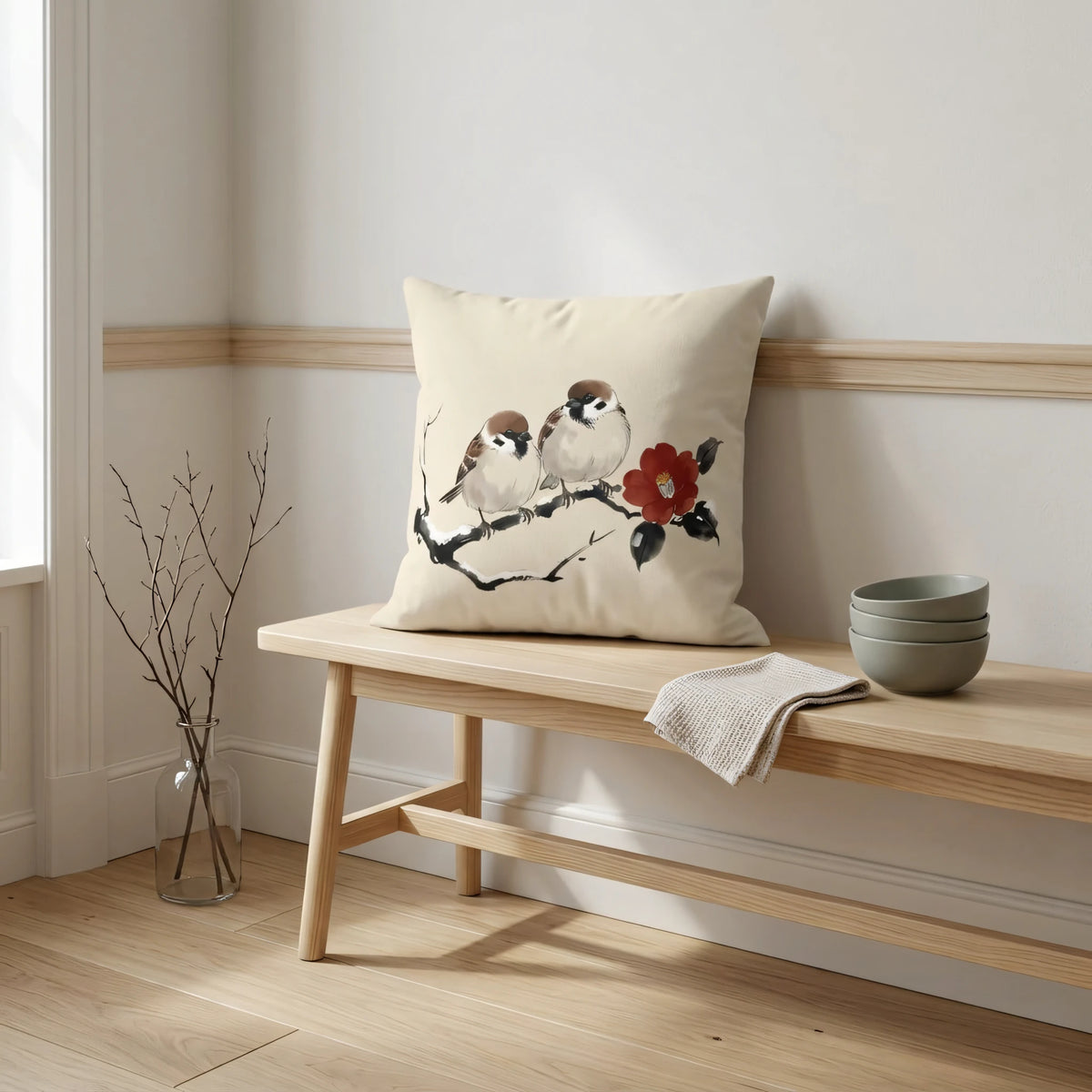 Winter Camellia Birds Cushion Cover Cream, lifestyle view.