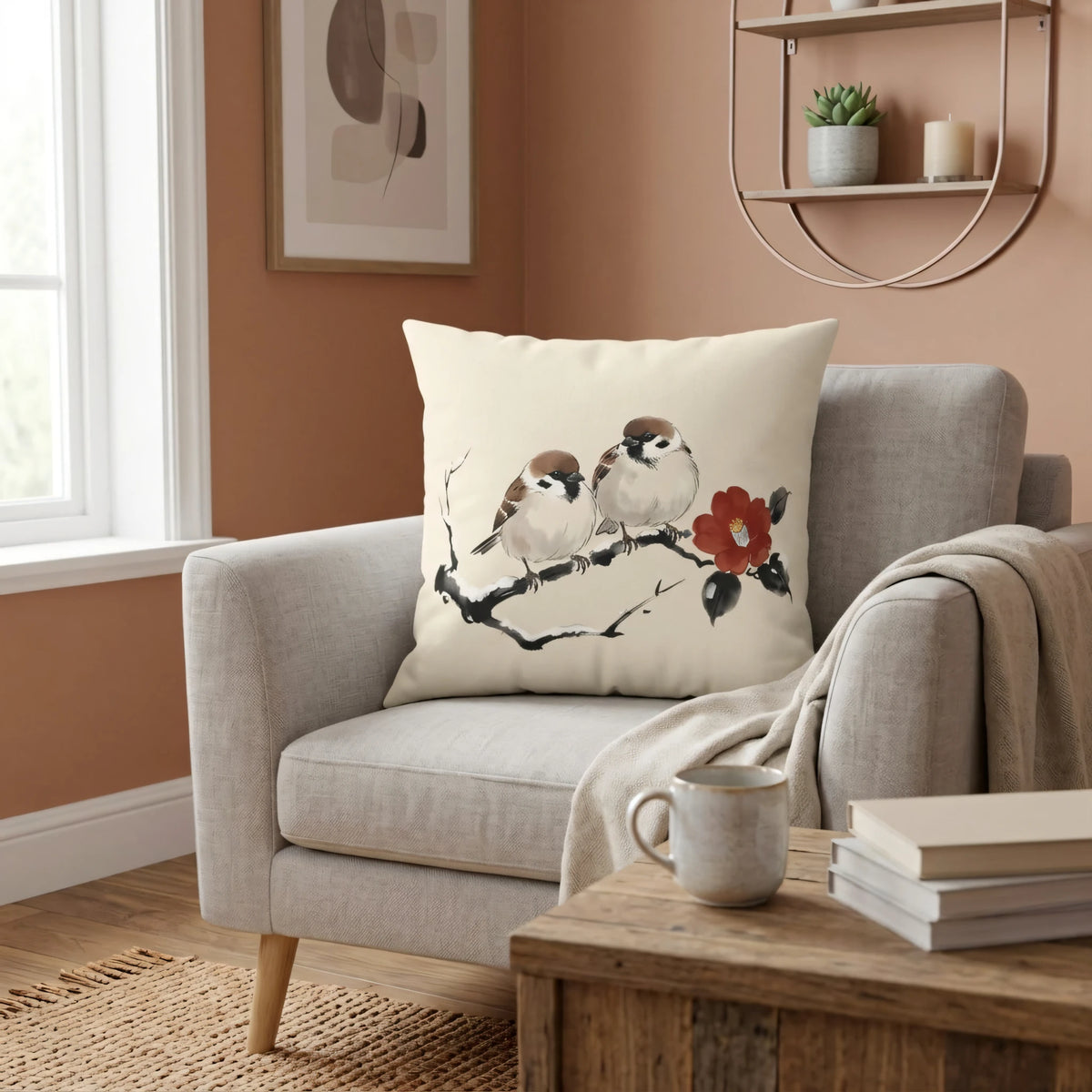 Winter Camellia Birds Cushion Cover Cream, lifestyle view.