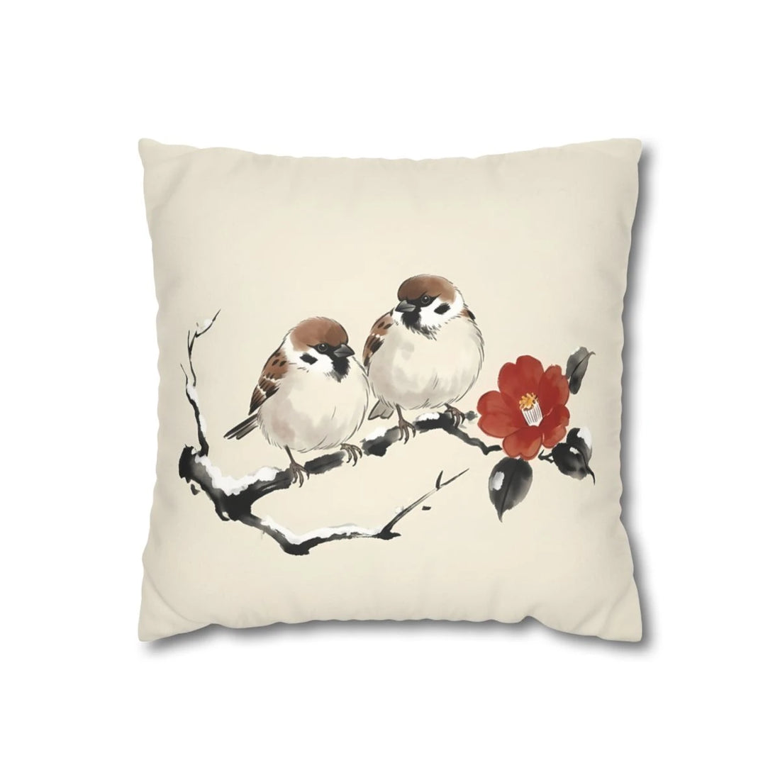 Front view of Winter Camellia Birds Cushion Cover Cream on a white background.
