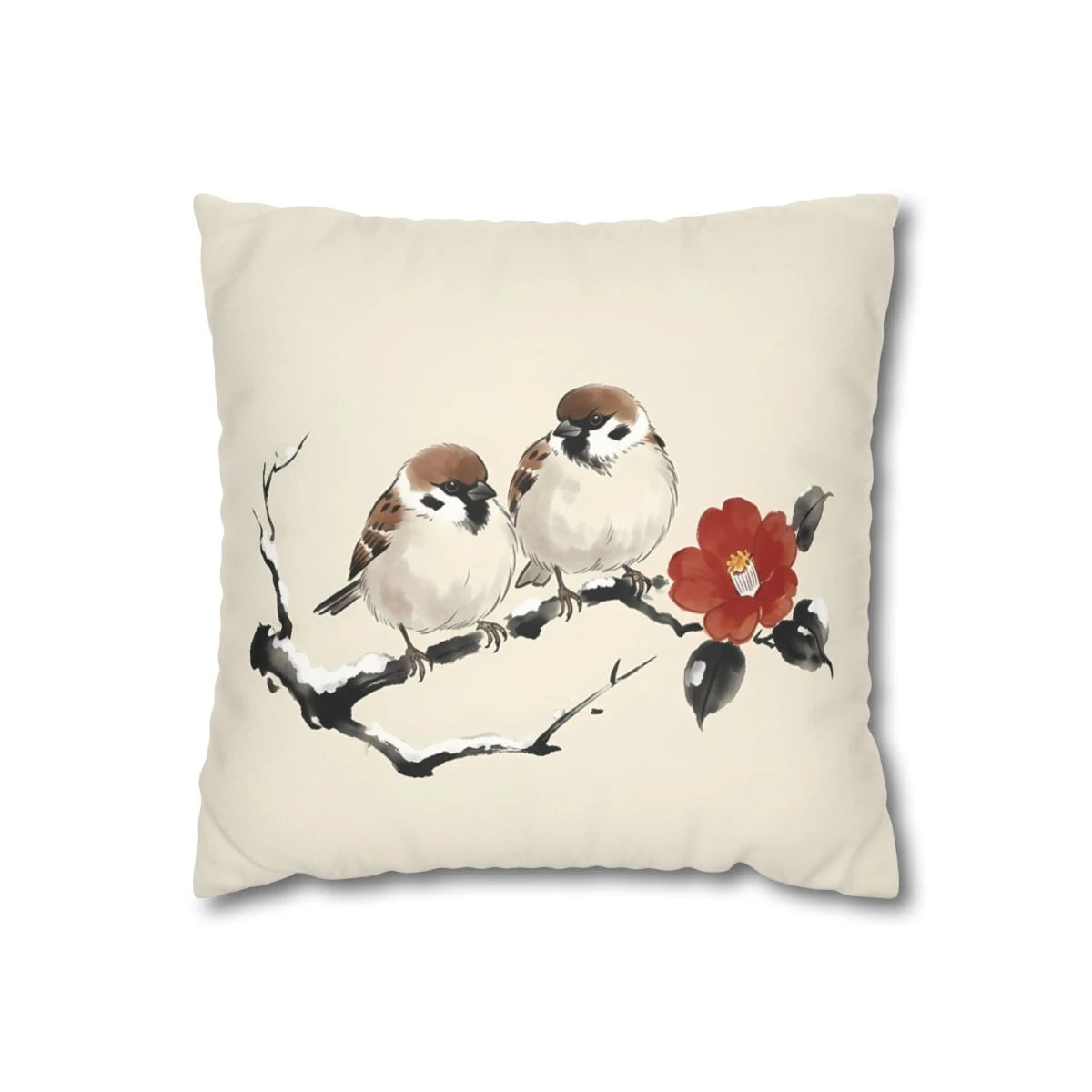 Front view of Winter Camellia Birds Cushion Cover Cream on a white background.