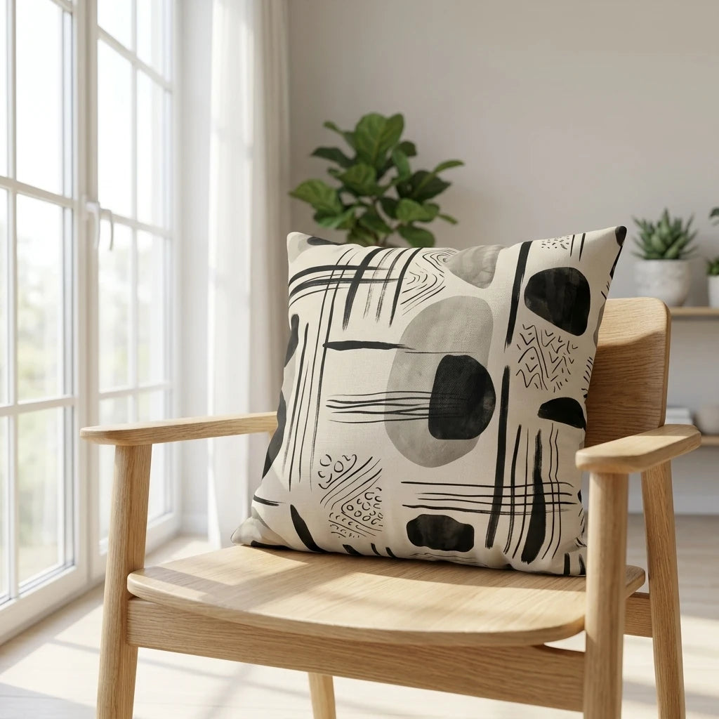 Modern abstract throw pillow with black and grey shapes on a wooden chair in a bright, sunlit room with natural window light and indoor plants.