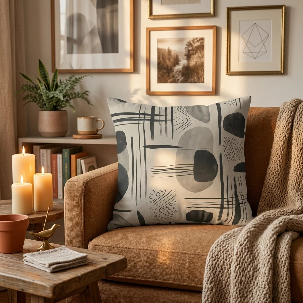 Abstract pattern throw pillow with grey and black shapes on a tan armchair in a cozy, sunlit living room with candles and books.