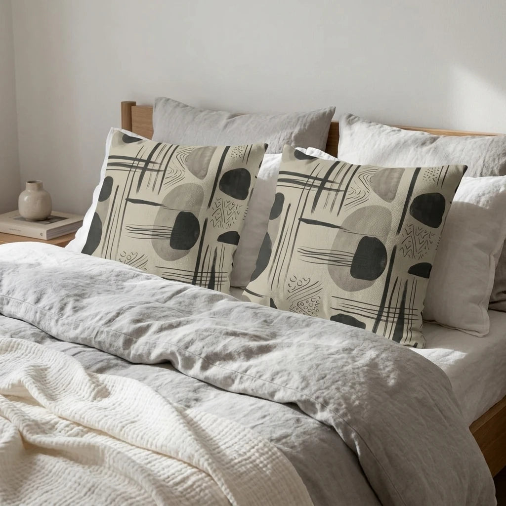 Duo of throw pillows with modern black and grey abstract art on a linen-covered bed in a minimalist bedroom with a wooden headboard.