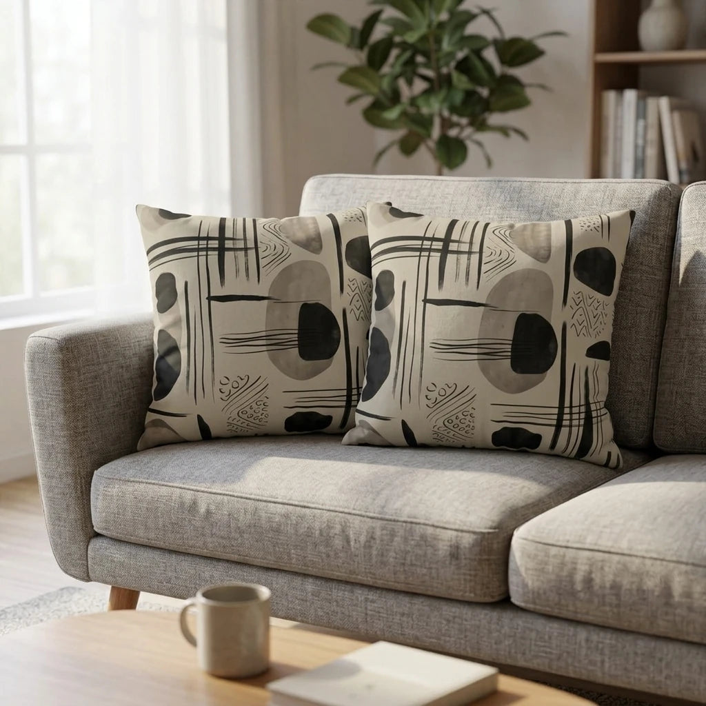 Two square cushions featuring abstract black and grey brushstroke patterns on a grey sofa in a bright, minimalist living room.