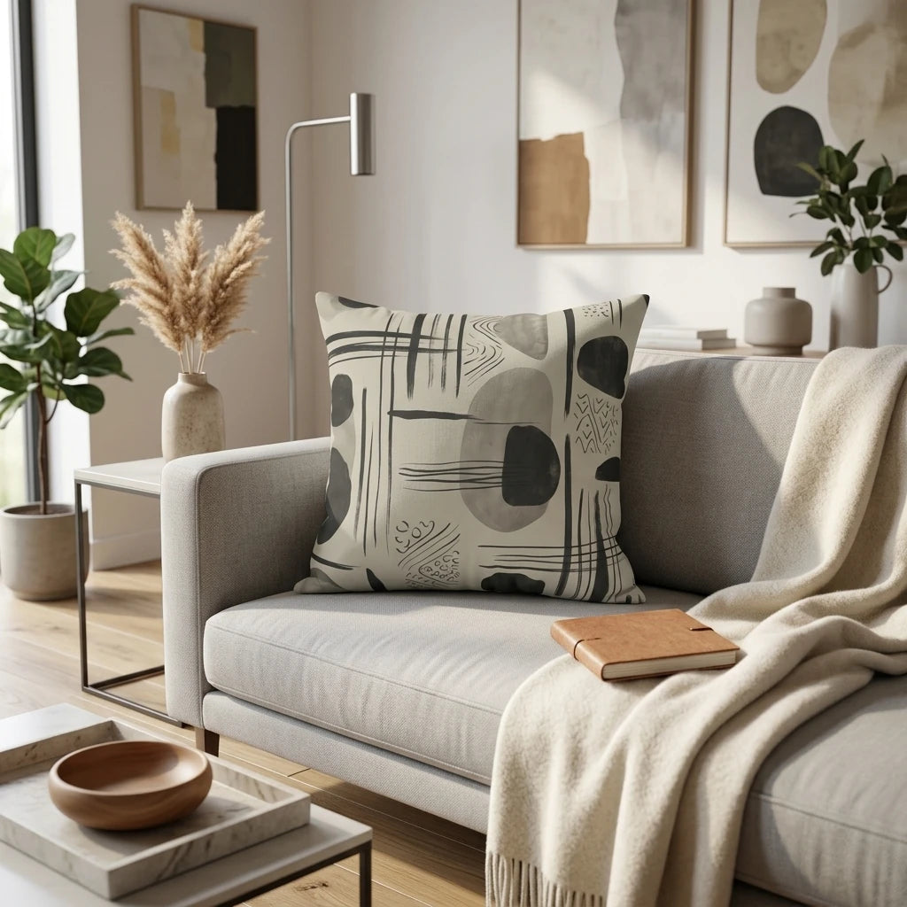 Abstract pattern cushion in neutral tones of grey and black, styled on a grey sofa in a bright, modern living room with minimalist decor.