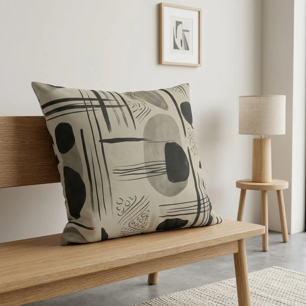 Abstract pattern throw pillow with black and grey shapes on a beige background, resting on a wooden bench in a bright minimalist interior.