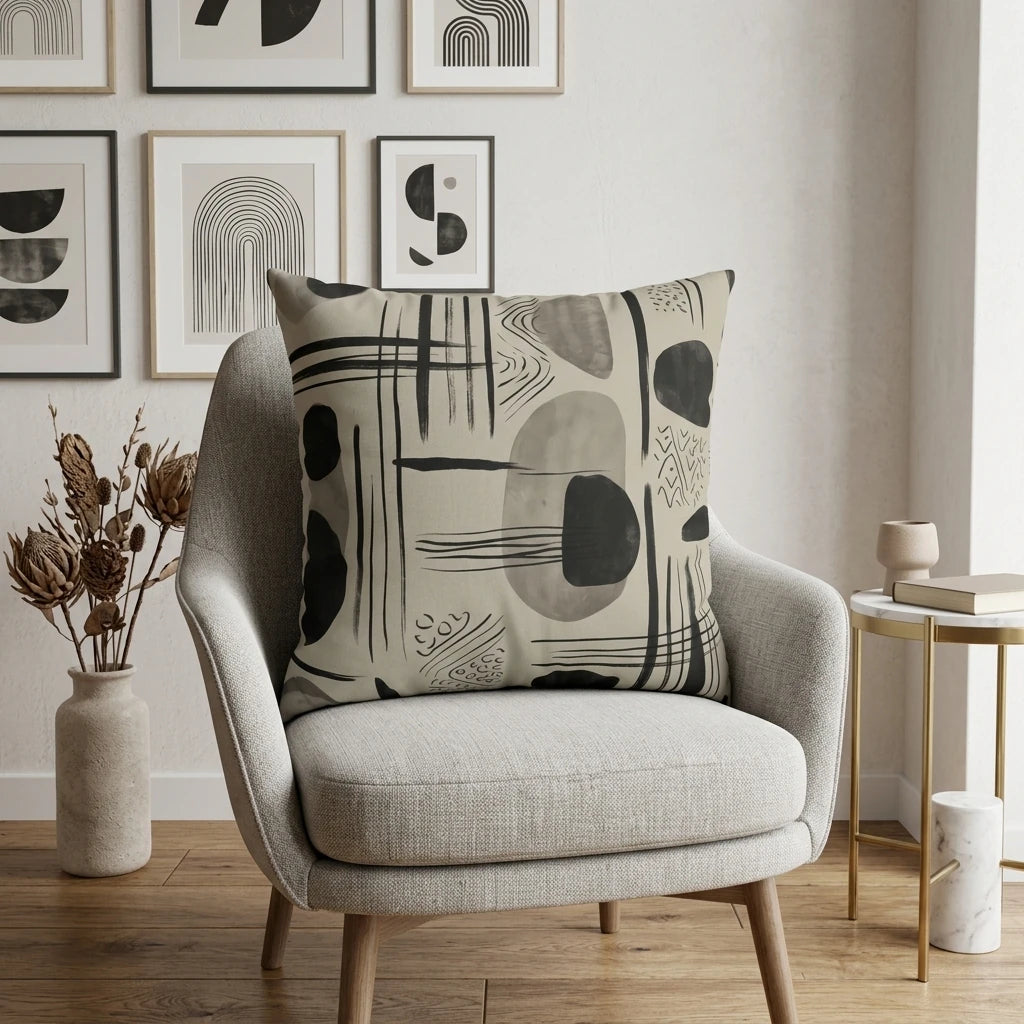 Modern abstract cushion with black and grey shapes on a beige fabric, placed on a grey chair in a stylish living room with gallery wall art.