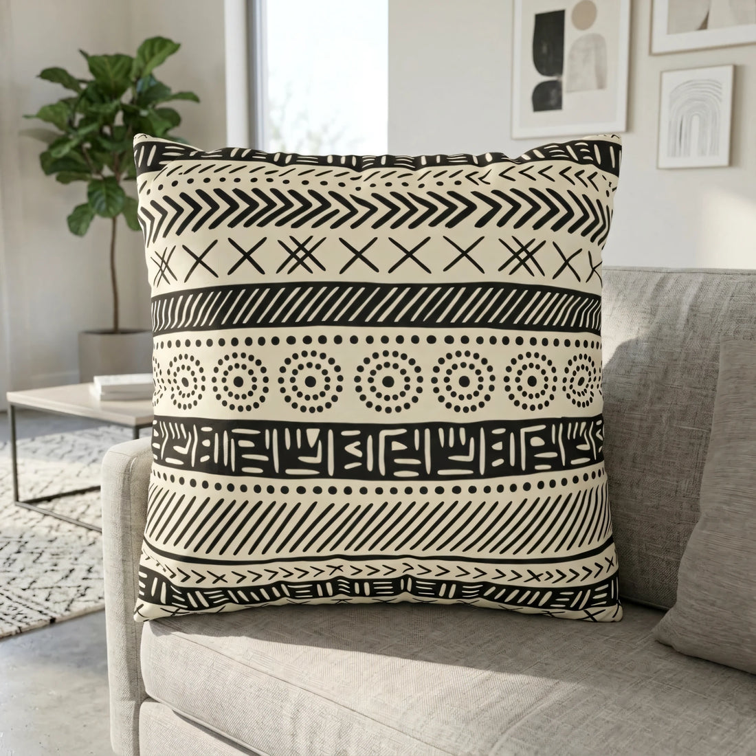 Front view of Hand-Drawn Primitive Ethno Pillow Case Cream and on a white background.