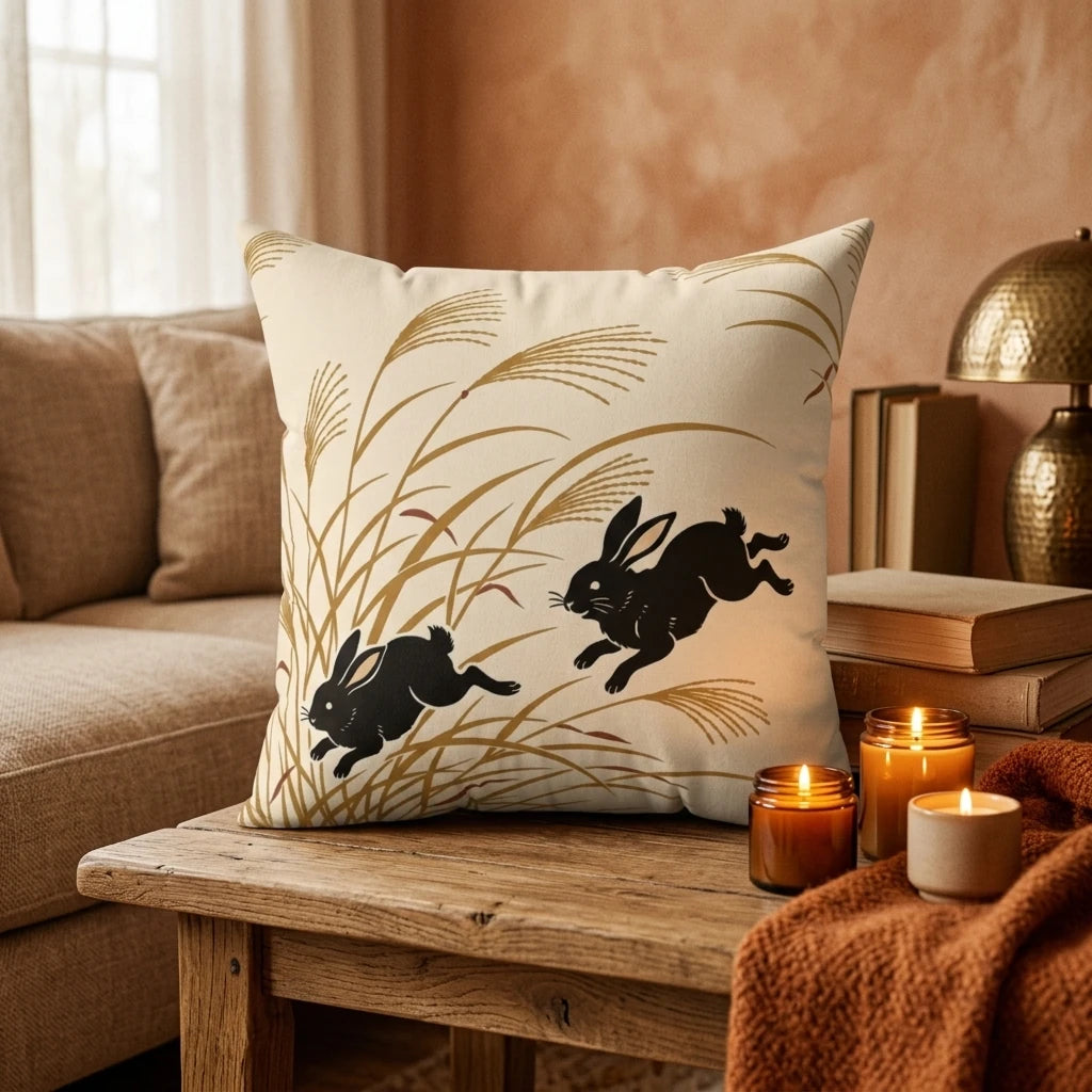 Vintage Japanese Illustration Throw Pillow Off, lifestyle view.