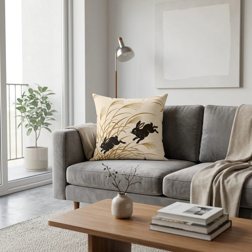Vintage Japanese Illustration Throw Pillow Off, lifestyle view.