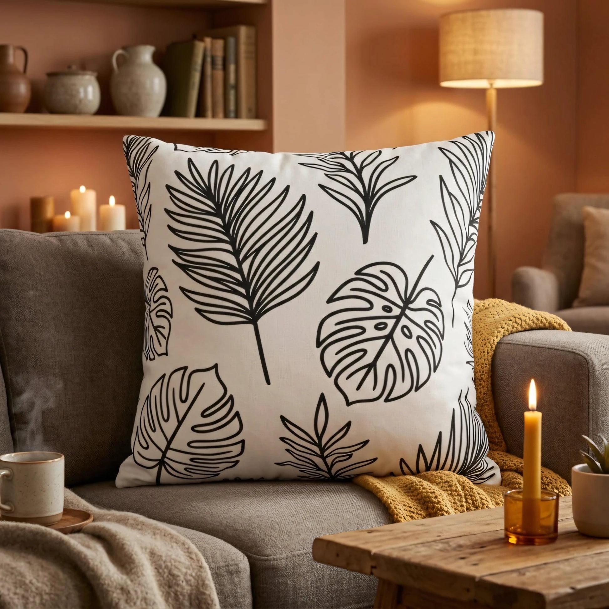 White throw pillow with black tropical leaf line art on a grey sofa. Cozy living room setting with a yellow blanket and warm candlelight.