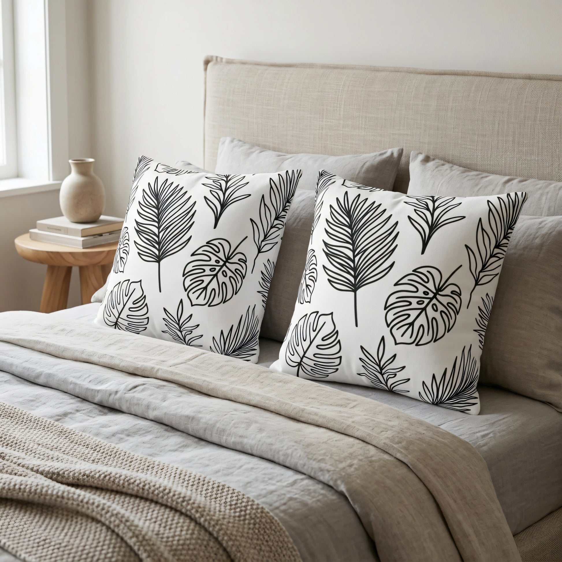 Pair of white decorative pillows featuring black tropical leaf designs on a beige linen bed in a modern, minimalist bedroom setting.