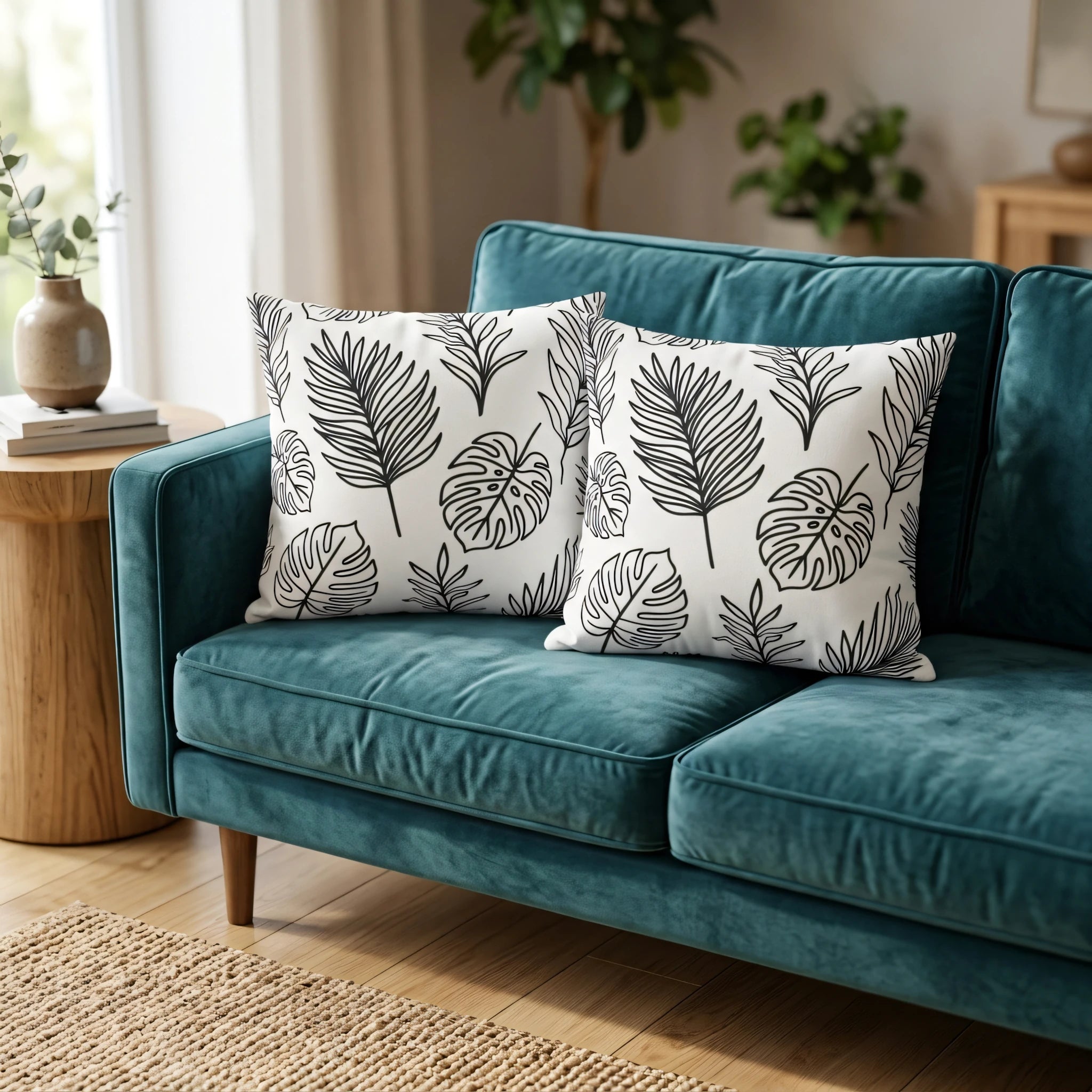 Duo of white cushions with black botanical leaf prints on a teal velvet sofa in a bright, modern living room lifestyle interior shot.