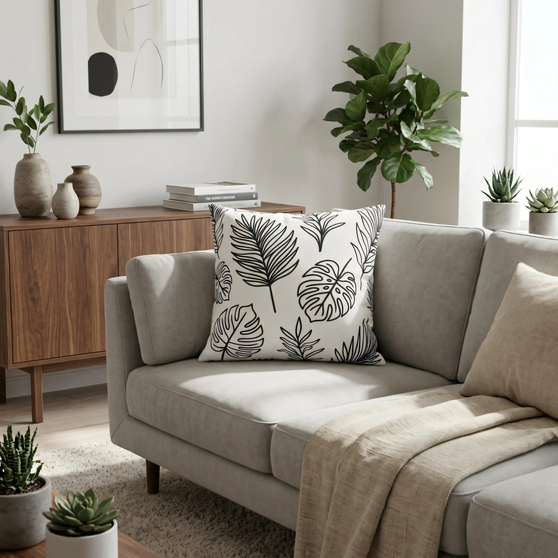 White decorative pillow with black tropical leaf line art, styled on a grey sofa in a modern minimalist living room with wooden furniture.