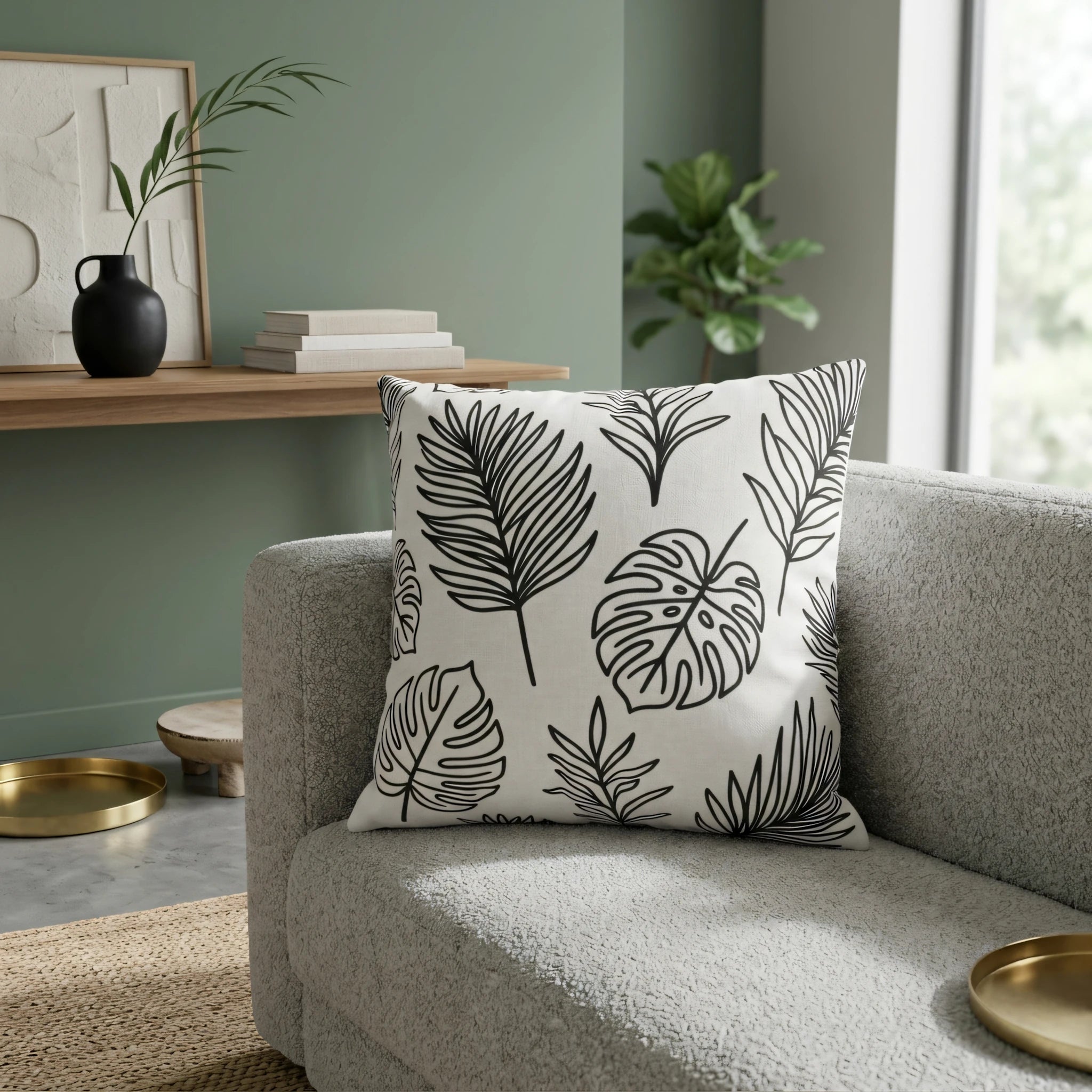 White throw pillow with black botanical leaf art on a grey sofa in a modern living room with sage green walls and minimalist decor.