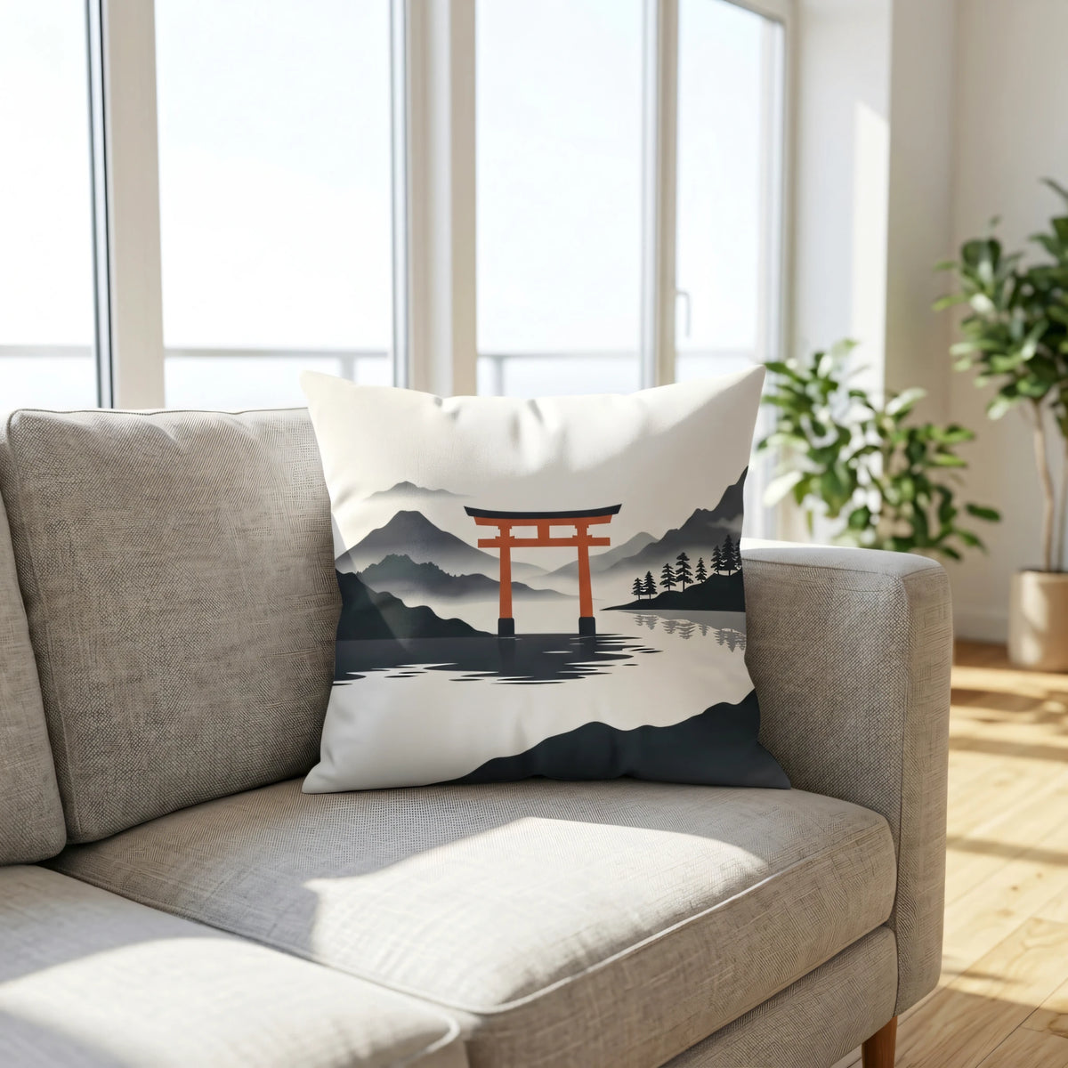 Minimalist Floating Red Gateway Cushion Noir et Blanc, lifestyle view.